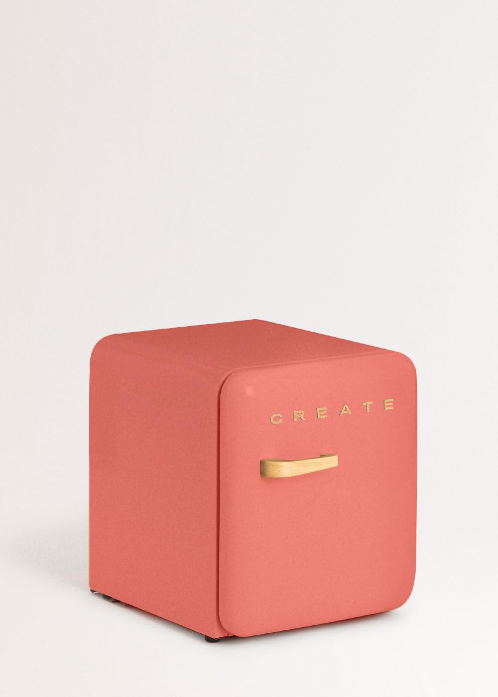 CREATE / RETRO FRIDGE 50 WOOD/Kühlschrank in Terrakotta, Griff Wood / 85W, Minibar, eine Regalfläche, Retro-Design, 50cm, zwei Ablagen, 48L Fassungsvermögen, energiesparend, 50x44x49,8cm
