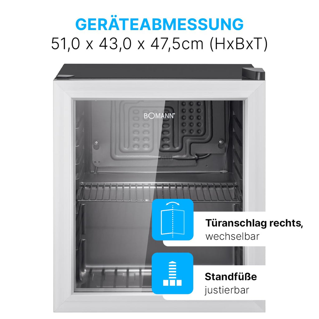 Bomann® Getränkekühlschrank 48L Nutzinhalt | Kühlschrank Minibar mit dreifachverglaster Glastür | Kühlschrank klein mit LED Beleuchtung & wechselbaren Türanschlag | Kühlschrank mit Glastür KSG 7286