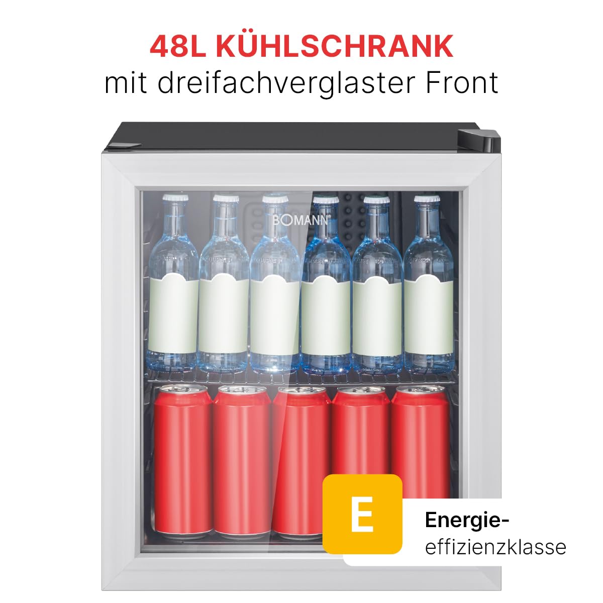 Bomann® Getränkekühlschrank 48L Nutzinhalt | Kühlschrank Minibar mit dreifachverglaster Glastür | Kühlschrank klein mit LED Beleuchtung & wechselbaren Türanschlag | Kühlschrank mit Glastür KSG 7286