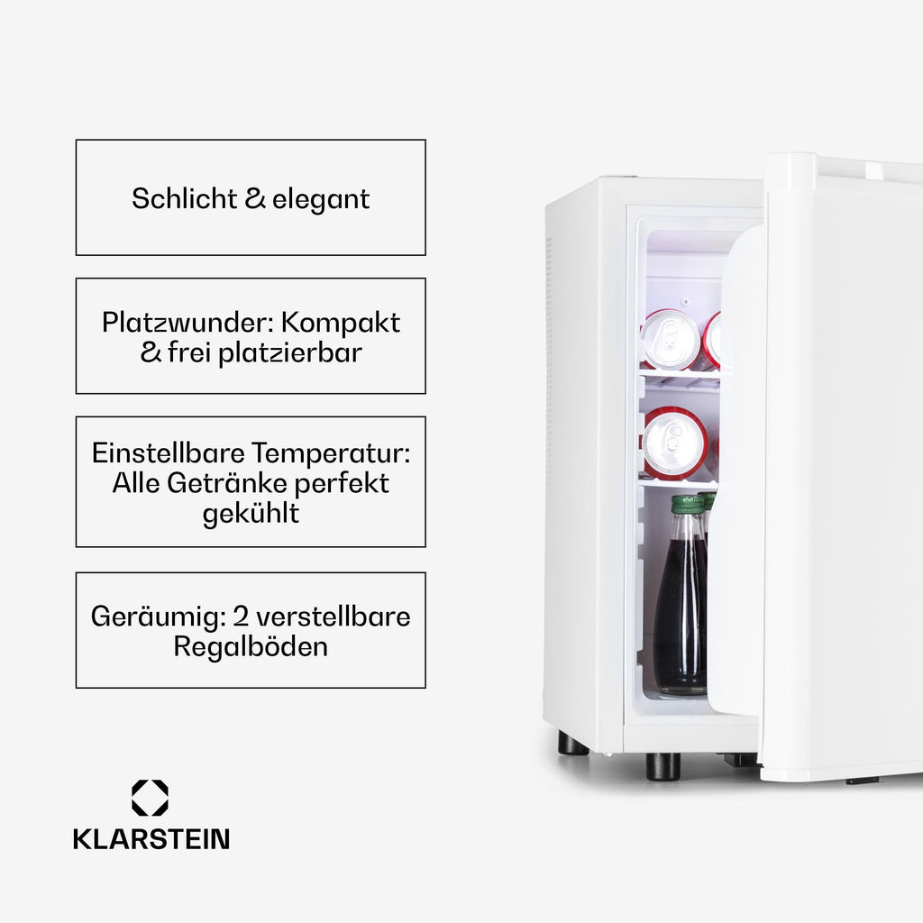 Klarstein Mini Kühlschrank für Zimmer, Mini-Kühlschrank für Getränke, Snacks & Kosmetik, Kleine Minibar, Kühlschrank Klein & Leise, Verstellbare Ablagen, Kleiner Skincar Kühlschrank 6-18°C, 45L