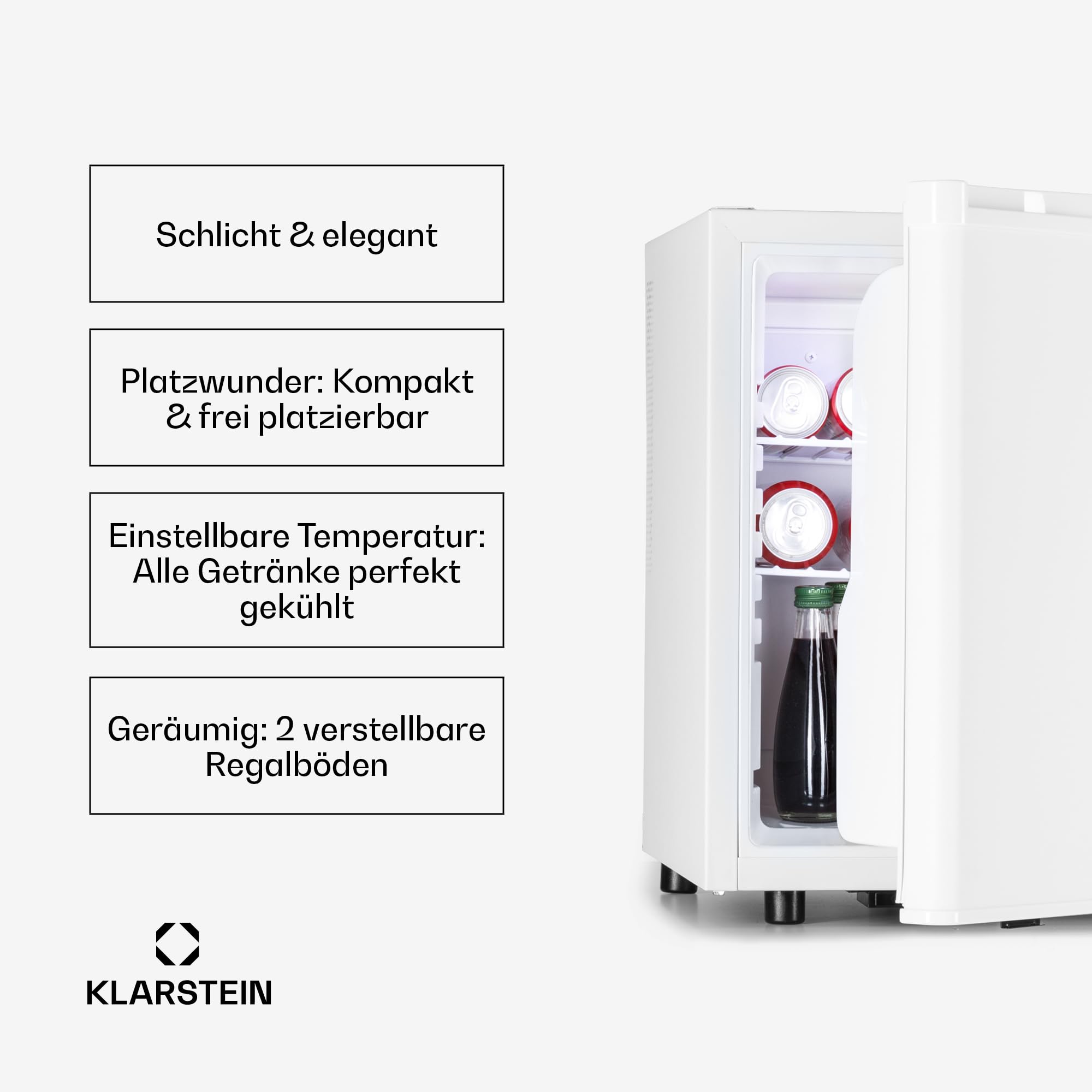 Klarstein Mini Kühlschrank für Zimmer, Mini-Kühlschrank für Getränke, Snacks & Kosmetik, Kleine Minibar, Kühlschrank Klein & Leise, Verstellbare Ablagen, Kleiner Skincar Kühlschrank 6-18°C, 45L