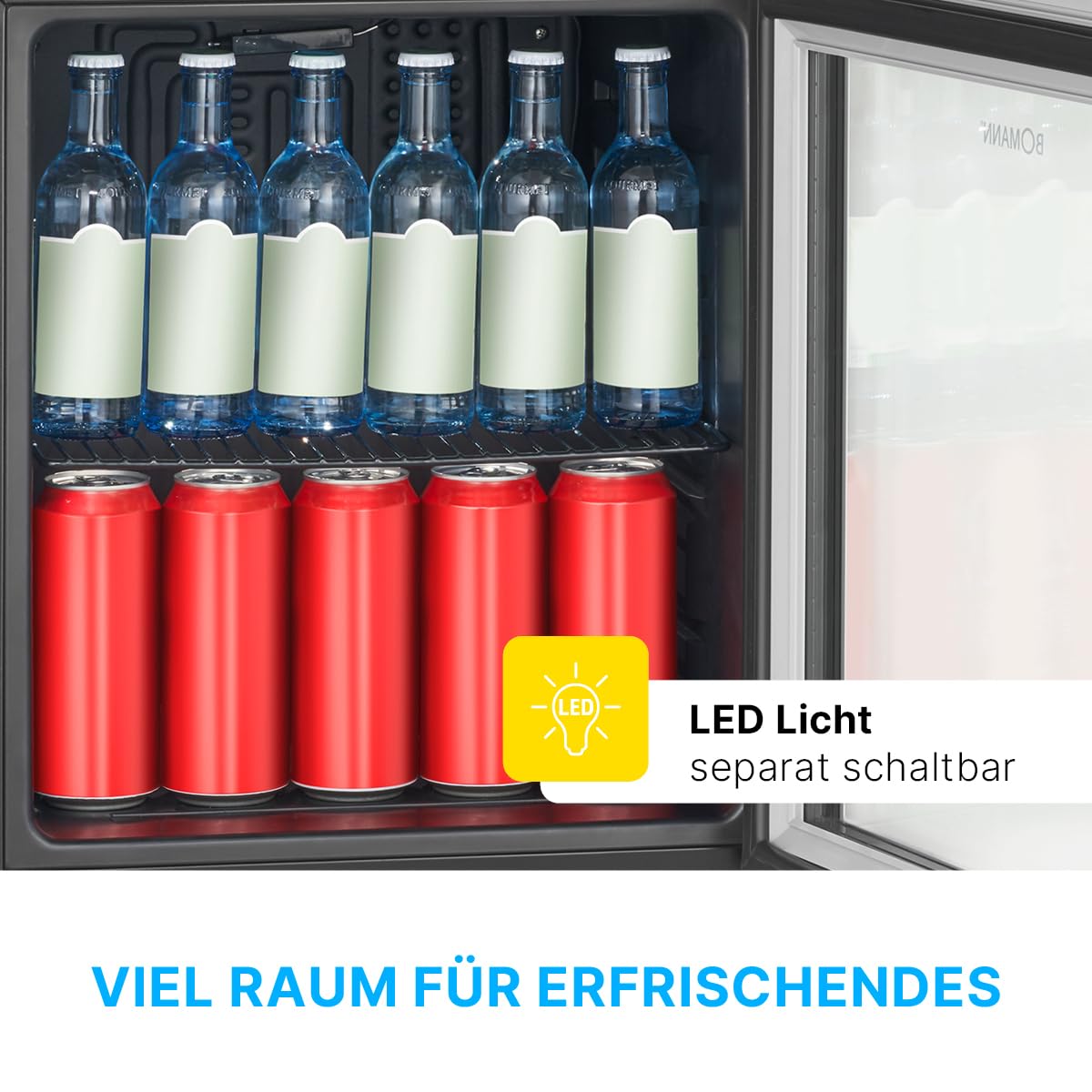 Bomann® Getränkekühlschrank 48L Nutzinhalt | Kühlschrank Minibar mit dreifachverglaster Glastür | Kühlschrank klein mit LED Beleuchtung & wechselbaren Türanschlag | Kühlschrank mit Glastür KSG 7286