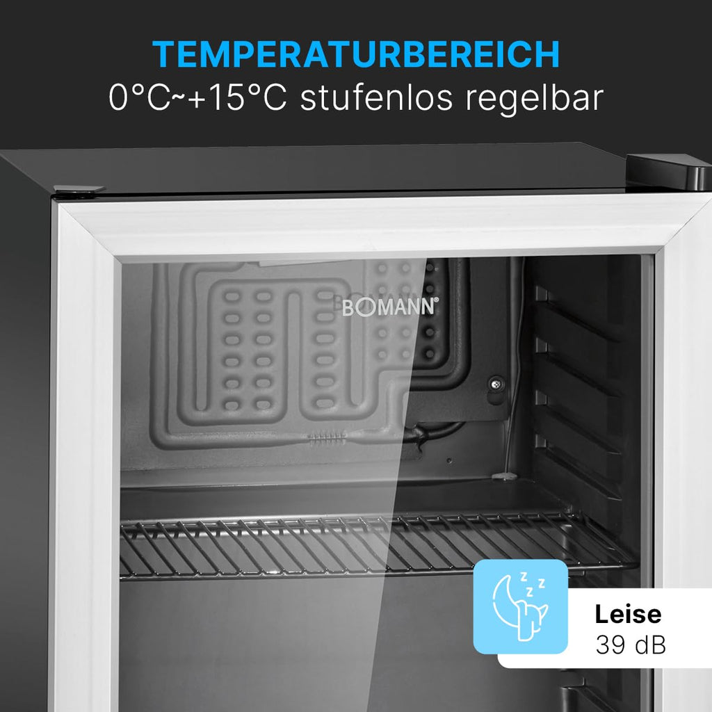 Bomann® Getränkekühlschrank 48L Nutzinhalt | Kühlschrank Minibar mit dreifachverglaster Glastür | Kühlschrank klein mit LED Beleuchtung & wechselbaren Türanschlag | Kühlschrank mit Glastür KSG 7286