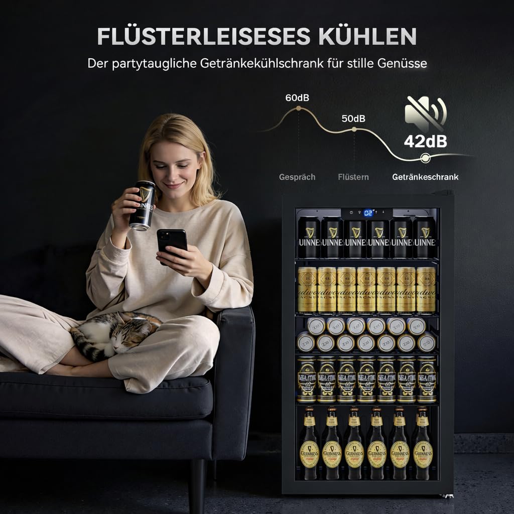 TRIUMPHKEY 86L Getränkekühlschrank mit Klima KÜHLUNG | Neu: Gleichmäßige Kühlung & frostfrei | 4 verstellbare Ablagen für 130 Dosen | Für Bar, Büro & Haushalt