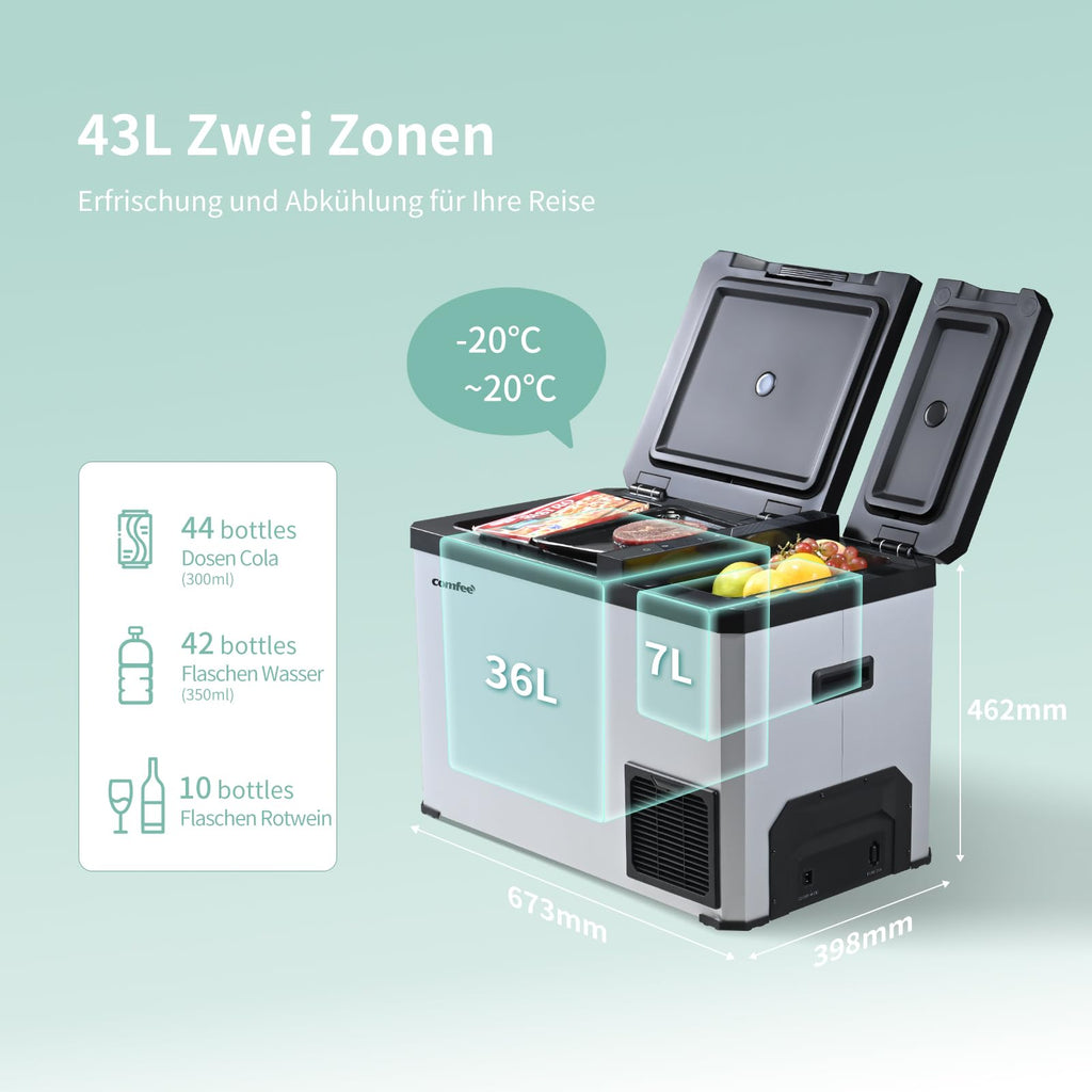Comfee RCP43DS3(E) 43L Kompressor-Kühlbox Dual-Zonen, elektronische Steuerung, LED-Licht, ECO-Modus, geräuscharm, geeignet für Zuhause und Outdoor, 12/24V DC und 100-240V AC Stromversorgung