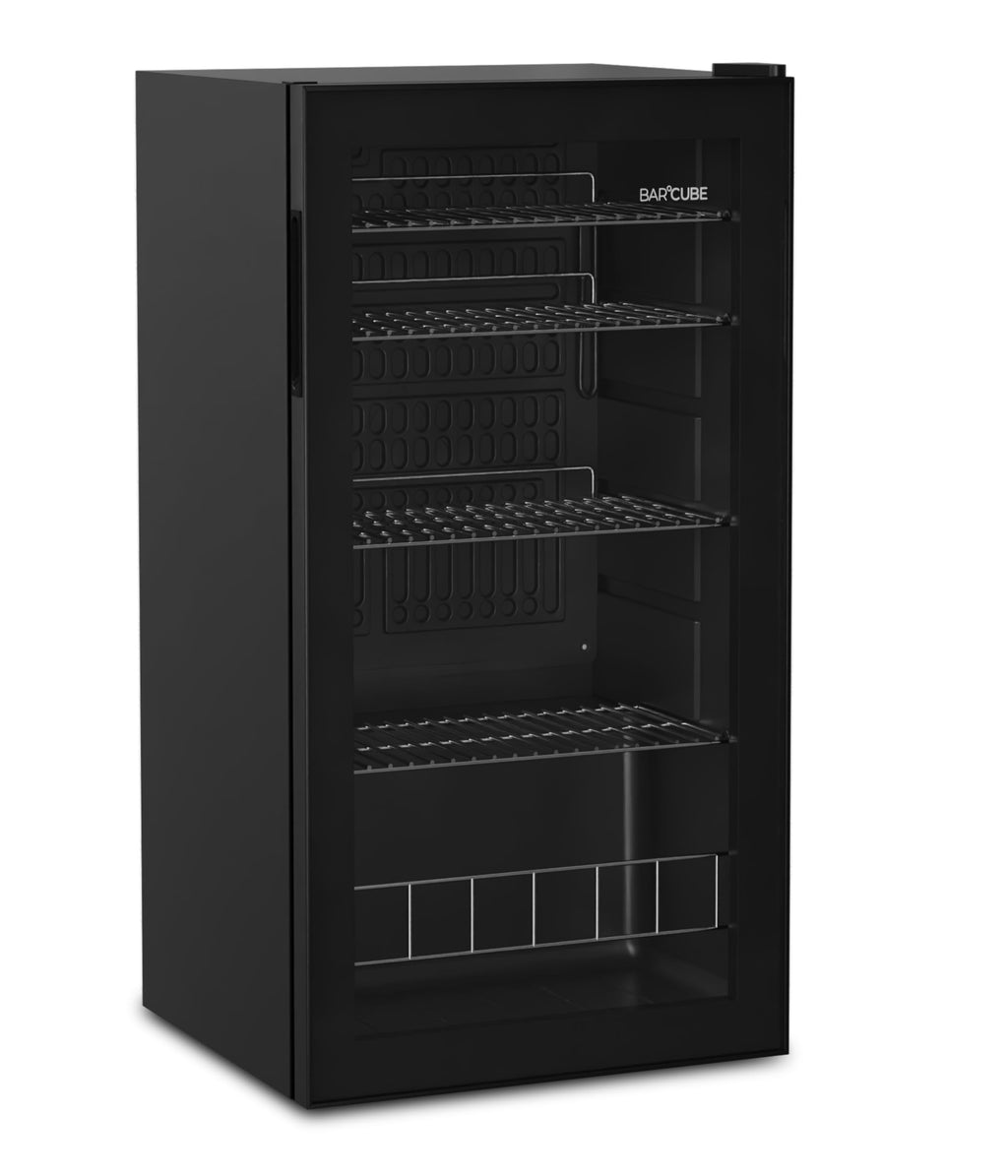 °CUBES BAR°CUBE 90L Getränkekühlschrank mit Glastür & LED – leiser Mini-Kühlschrank für Dosen & Flaschen – 90 L Getränkekühler mit 4 variablen Ablagen, energieeffizient & kompakt, Schwarz