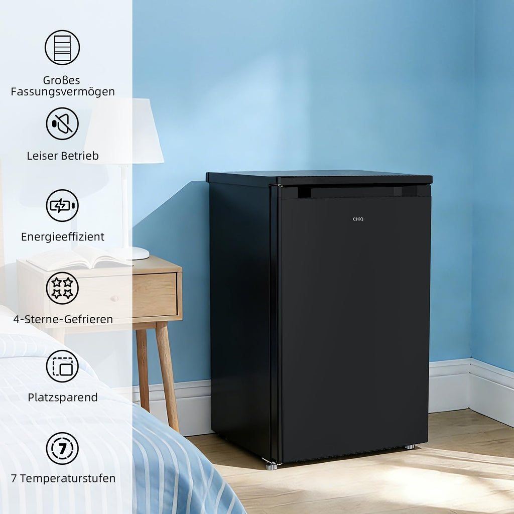 CHIQ kühlschrank mit gefrierfach 107 Liter, mit 13L Gefrierfach｜EEK C, 87 kWh/Jahr | 4-Sterne-Gefrieren, -24 °C bis -16 °C| geräuscharm, Schwarz, CTT107BC