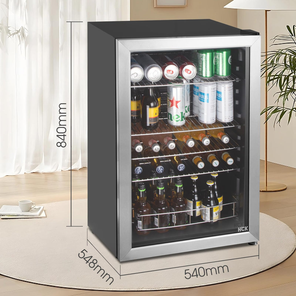 HCK Bierkühlschrank 115L Freistehender Getränkekühlschrank mit doppelt verglaster Glastür, Temperatur von 0 bis 10℃, Energieklasse E