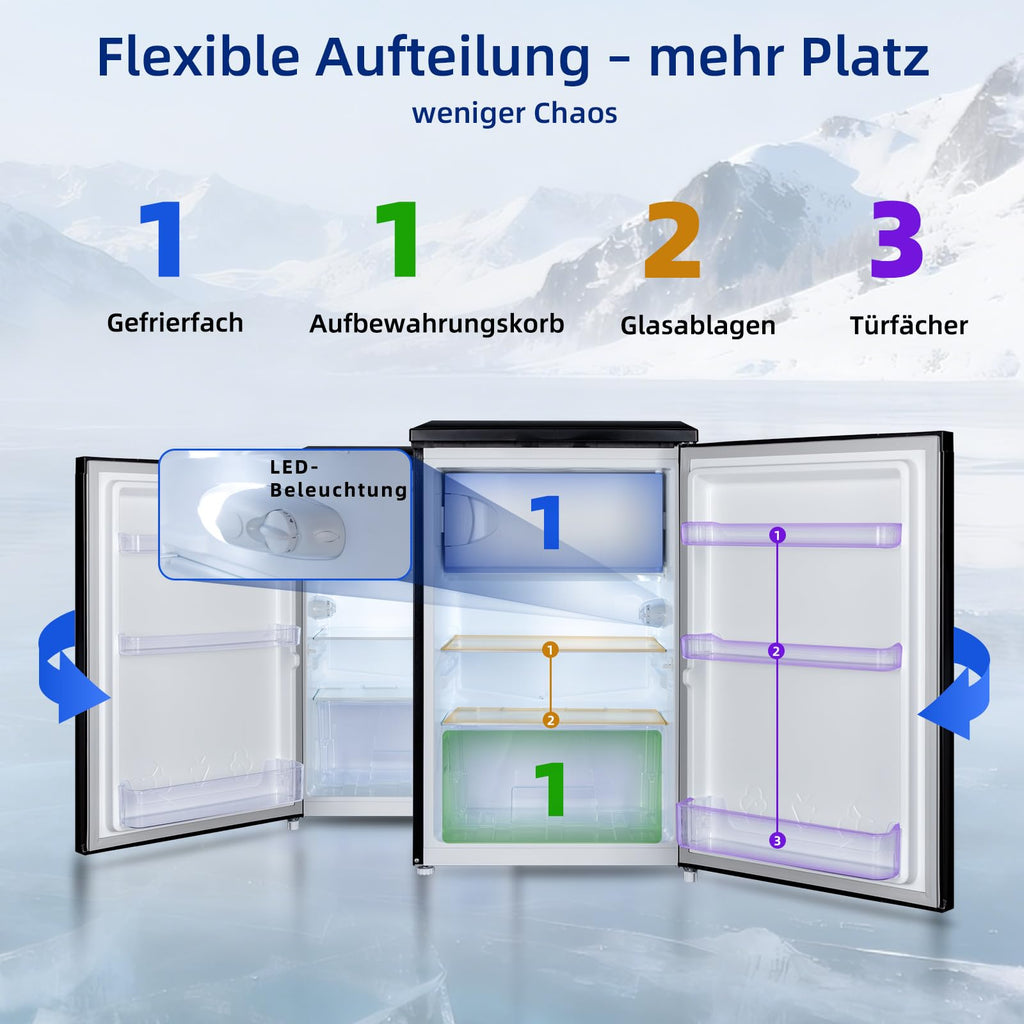 CHIQ kühlschrank mit gefrierfach 107 Liter, mit 13L Gefrierfach｜EEK C, 87 kWh/Jahr | 4-Sterne-Gefrieren, -24 °C bis -16 °C| geräuscharm, Schwarz, CTT107BC