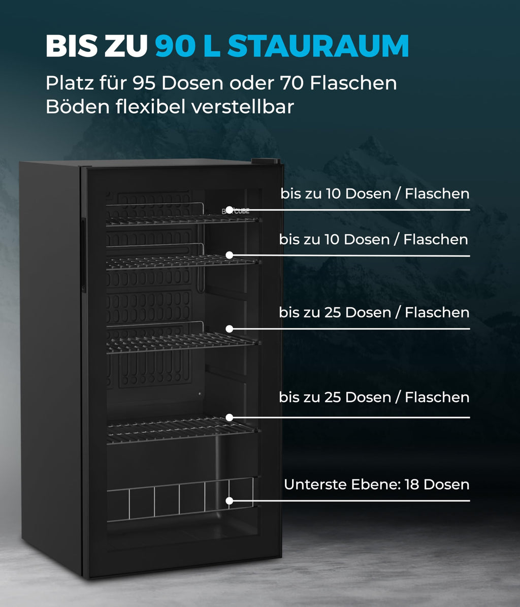 °CUBES BAR°CUBE 90L Getränkekühlschrank mit Glastür & LED – leiser Mini-Kühlschrank für Dosen & Flaschen – 90 L Getränkekühler mit 4 variablen Ablagen, energieeffizient & kompakt, Schwarz