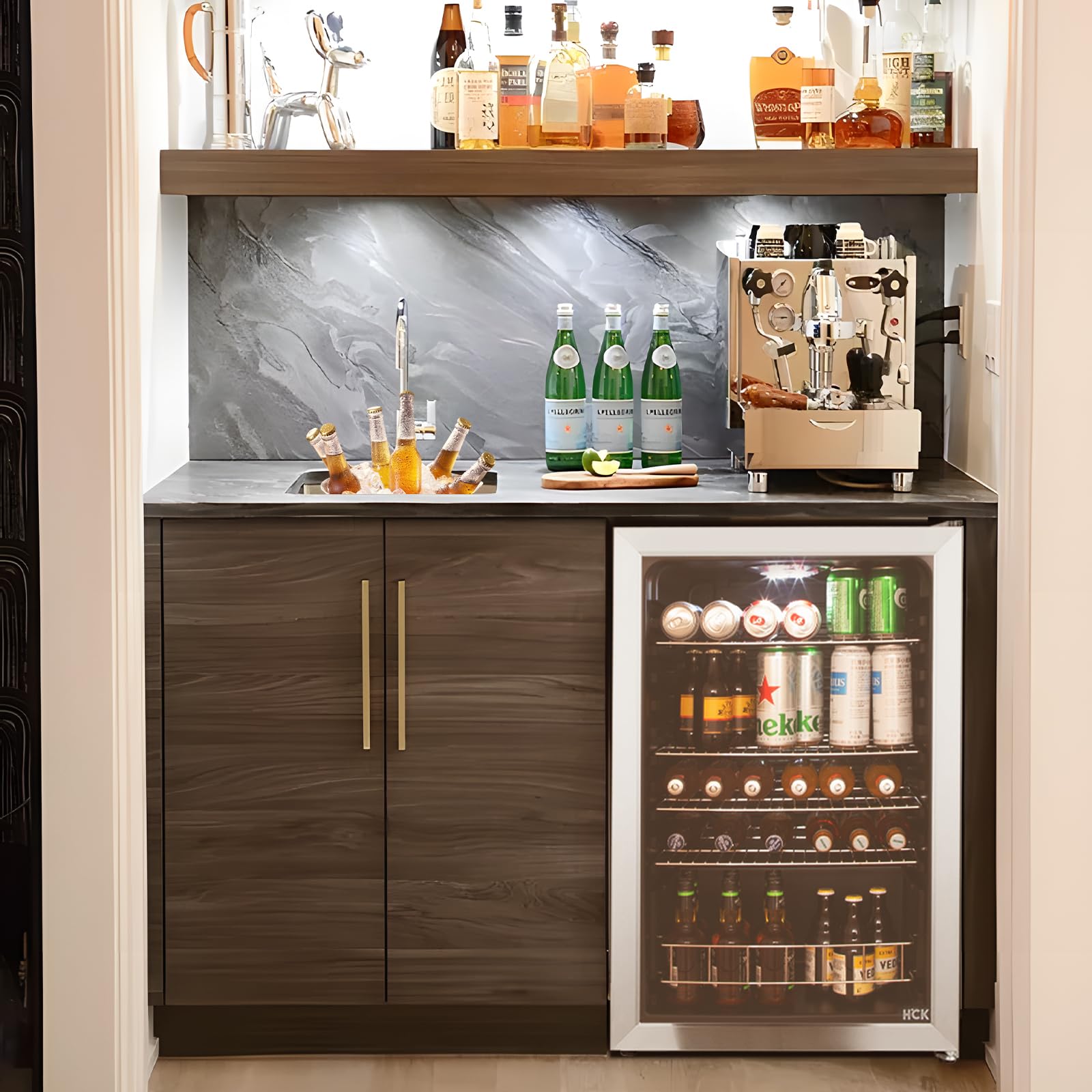 HCK Bierkühlschrank 115L Freistehender Getränkekühlschrank mit doppelt verglaster Glastür, Temperatur von 0 bis 10℃, Energieklasse E