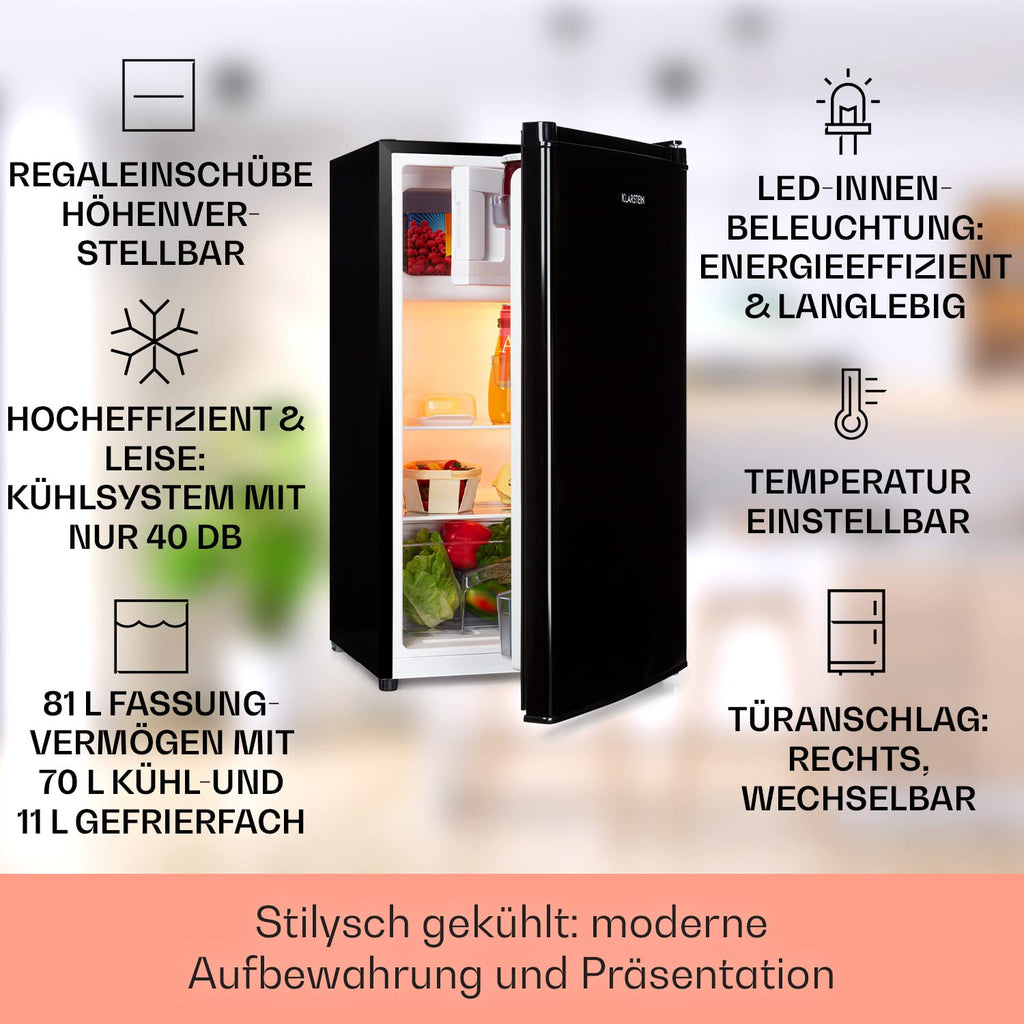 Klarstein Cool Cousin Kühl-Gefrier-Kombination, Fassungsvermögen: 80 Liter, Kühlschrank: 69 Liter, 3-Sterne-Gefrierfach: 11 Liter, 2 Glasebenen, schwarz