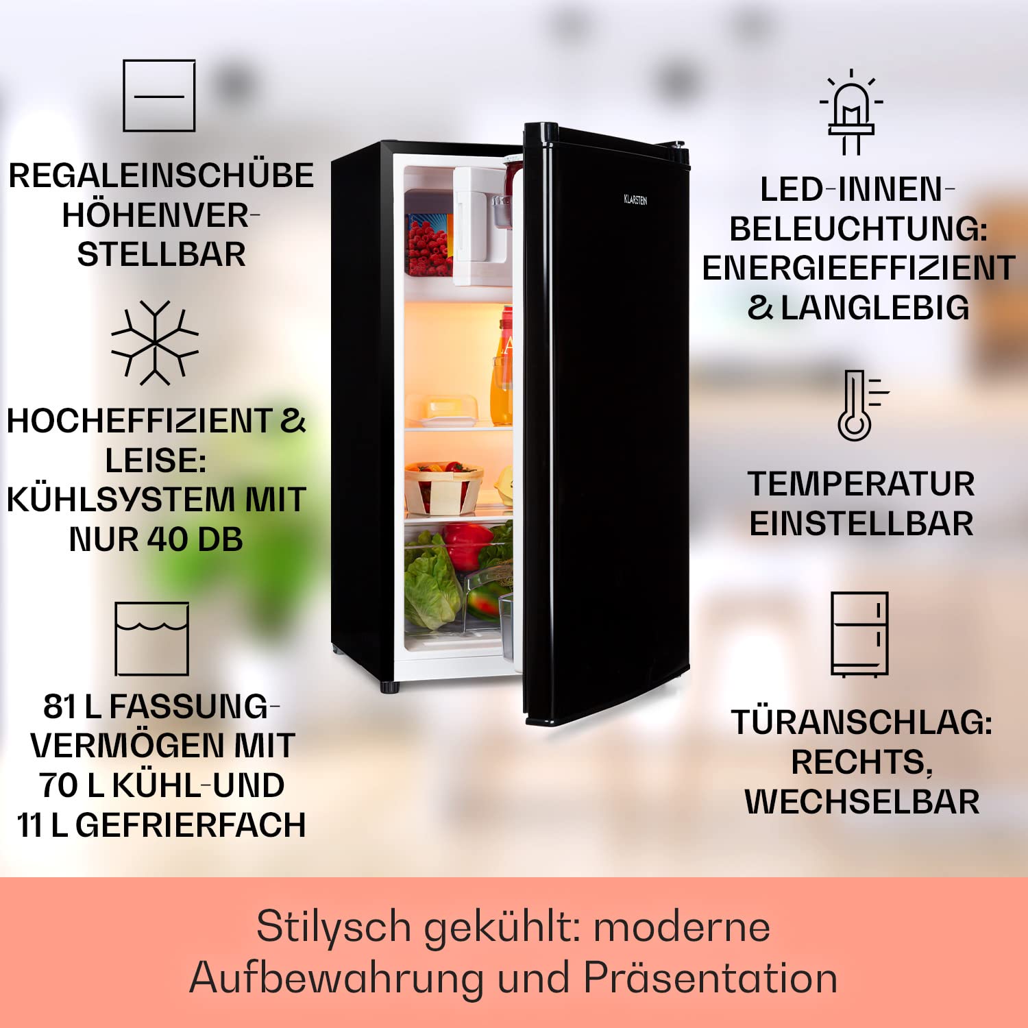 Klarstein Cool Cousin Kühl-Gefrier-Kombination, Fassungsvermögen: 80 Liter, Kühlschrank: 69 Liter, 3-Sterne-Gefrierfach: 11 Liter, 2 Glasebenen, schwarz