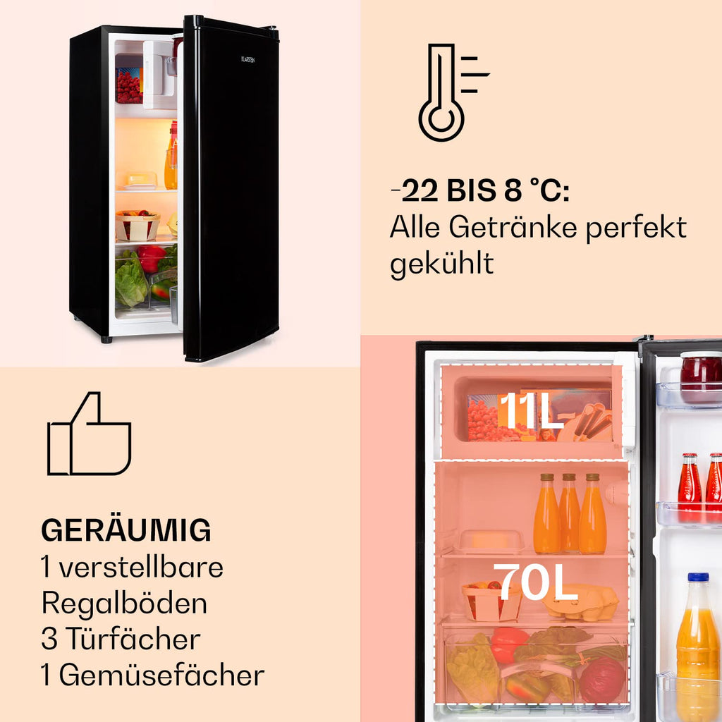 Klarstein Cool Cousin Kühl-Gefrier-Kombination, Fassungsvermögen: 80 Liter, Kühlschrank: 69 Liter, 3-Sterne-Gefrierfach: 11 Liter, 2 Glasebenen, schwarz