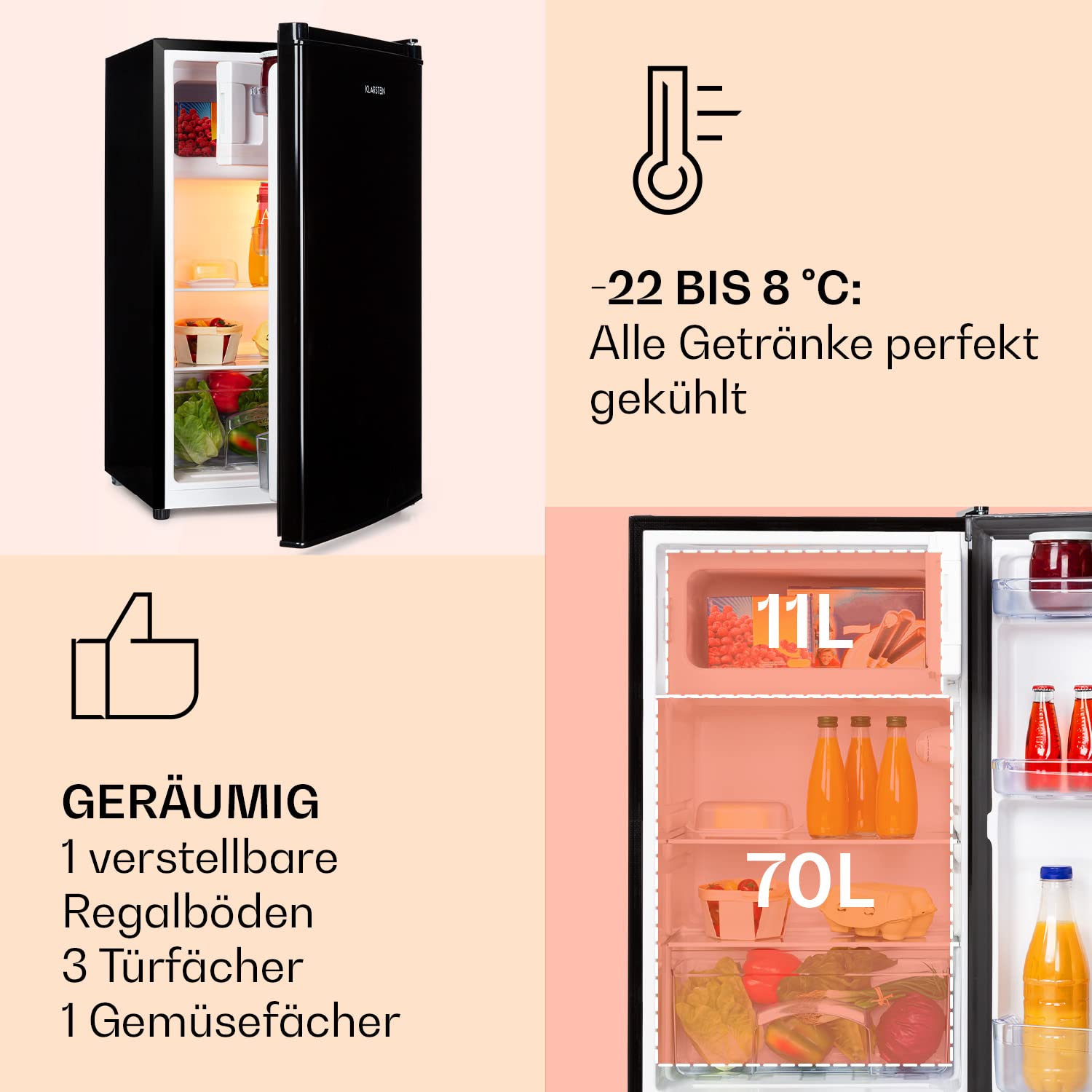 Klarstein Cool Cousin Kühl-Gefrier-Kombination, Fassungsvermögen: 80 Liter, Kühlschrank: 69 Liter, 3-Sterne-Gefrierfach: 11 Liter, 2 Glasebenen, schwarz