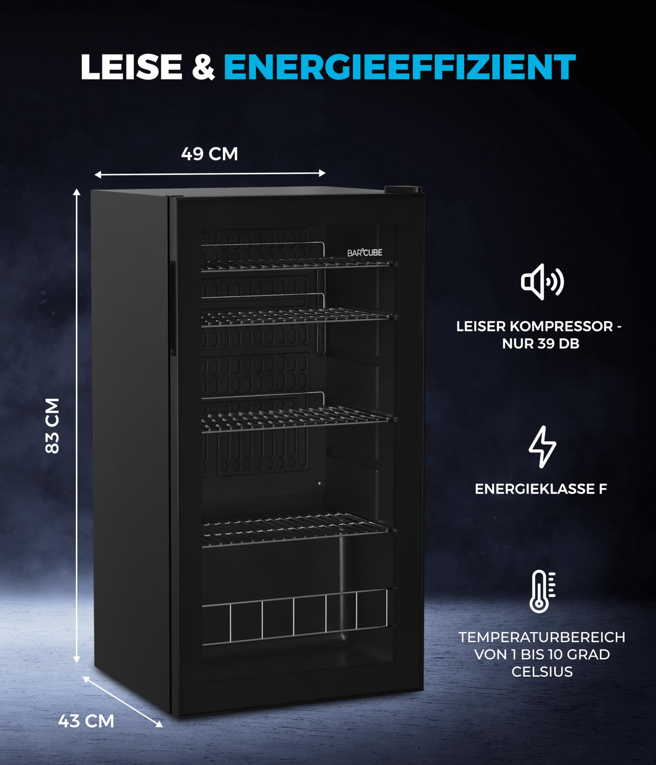 °CUBES BAR°CUBE 90L Getränkekühlschrank mit Glastür & LED – leiser Mini-Kühlschrank für Dosen & Flaschen – 90 L Getränkekühler mit 4 variablen Ablagen, energieeffizient & kompakt, Schwarz
