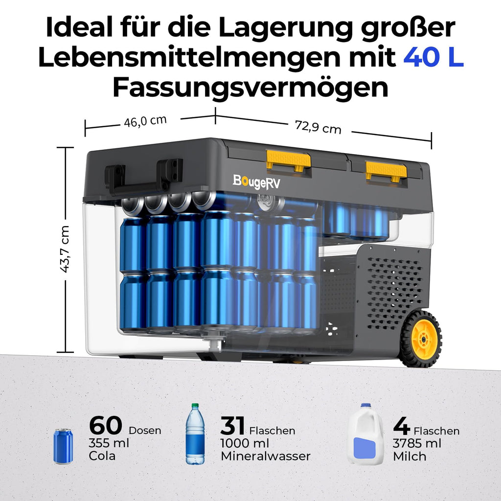 BougeRV CRD2 V2.0 Kompressor Kühlbox 40L mit Gefrierfach Doppeltür Dualzonen Kühlbox Auto mit Rollen & Griff 12V/24V 230V Camping Kühlschrank Elektrische mit APP Steuerung, IPX4, -20℃~20℃ (2026 Neu)