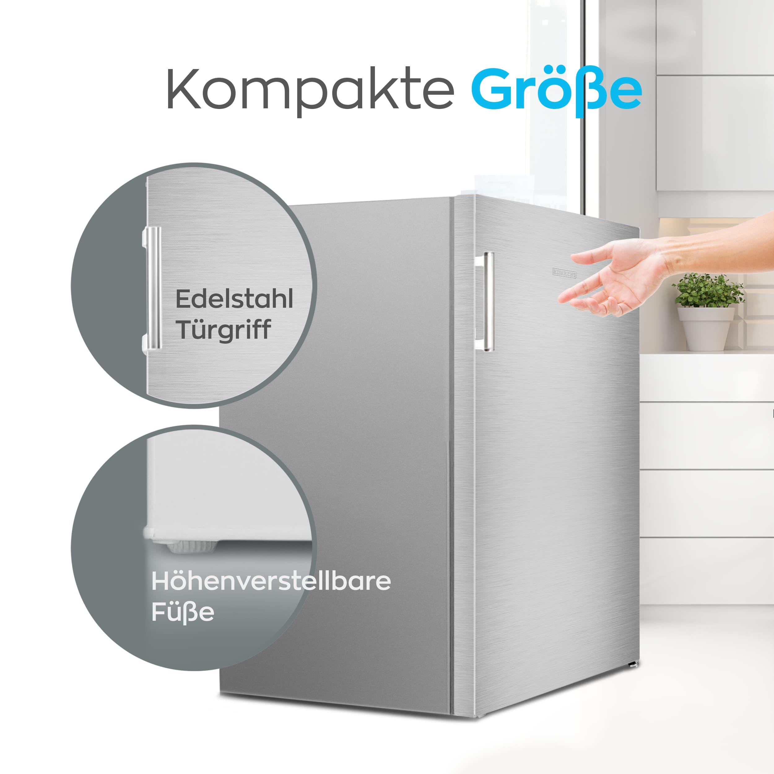 HEINRICHS Getränkekühlschrank 120L klein kompakt leise: 40db mit Gefrierfach( 13L) Mini-Bar; Tisch-Kühlschrank; Mini Kühlschrank mit Gefrierfach; perfekt geeignet für Büro Camping Garten Outdoor,inox