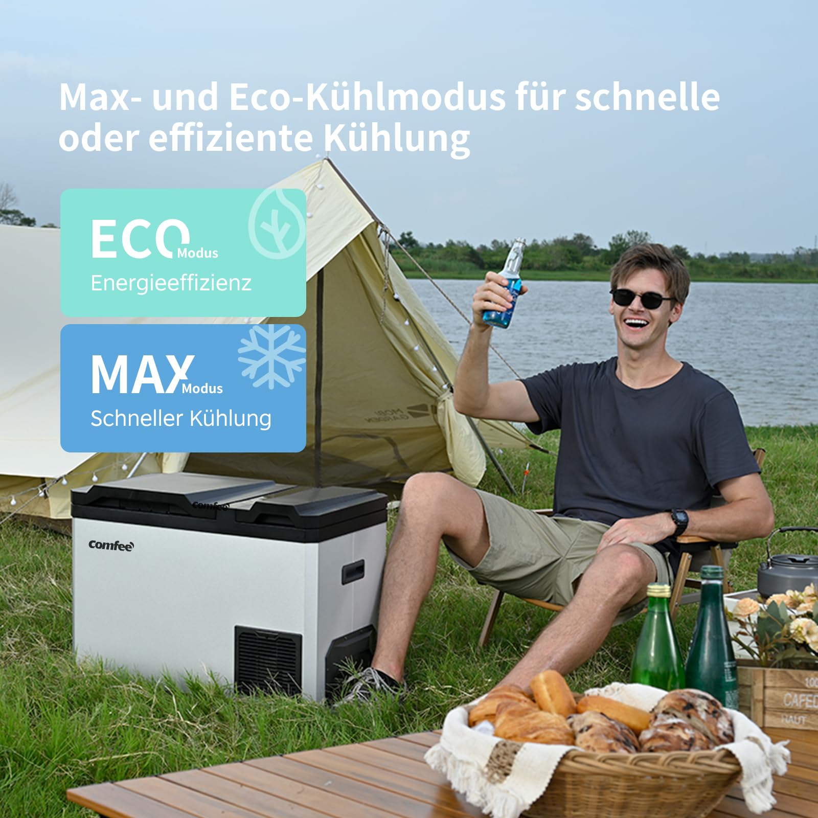 Comfee RCP43DS3(E) 43L Kompressor-Kühlbox Dual-Zonen, elektronische Steuerung, LED-Licht, ECO-Modus, geräuscharm, geeignet für Zuhause und Outdoor, 12/24V DC und 100-240V AC Stromversorgung
