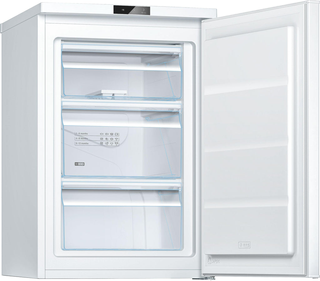 Bosch GTV15NWEB Serie 2 Mini-Gefrierschrank 85 x 56, 83 L, Super Gefrieren für schnelles Einfrieren von frischen Lebensmitteln, 39 dB leise trotz, Tür-Alarm und elektrische Temperatursteuerung, Weiß
