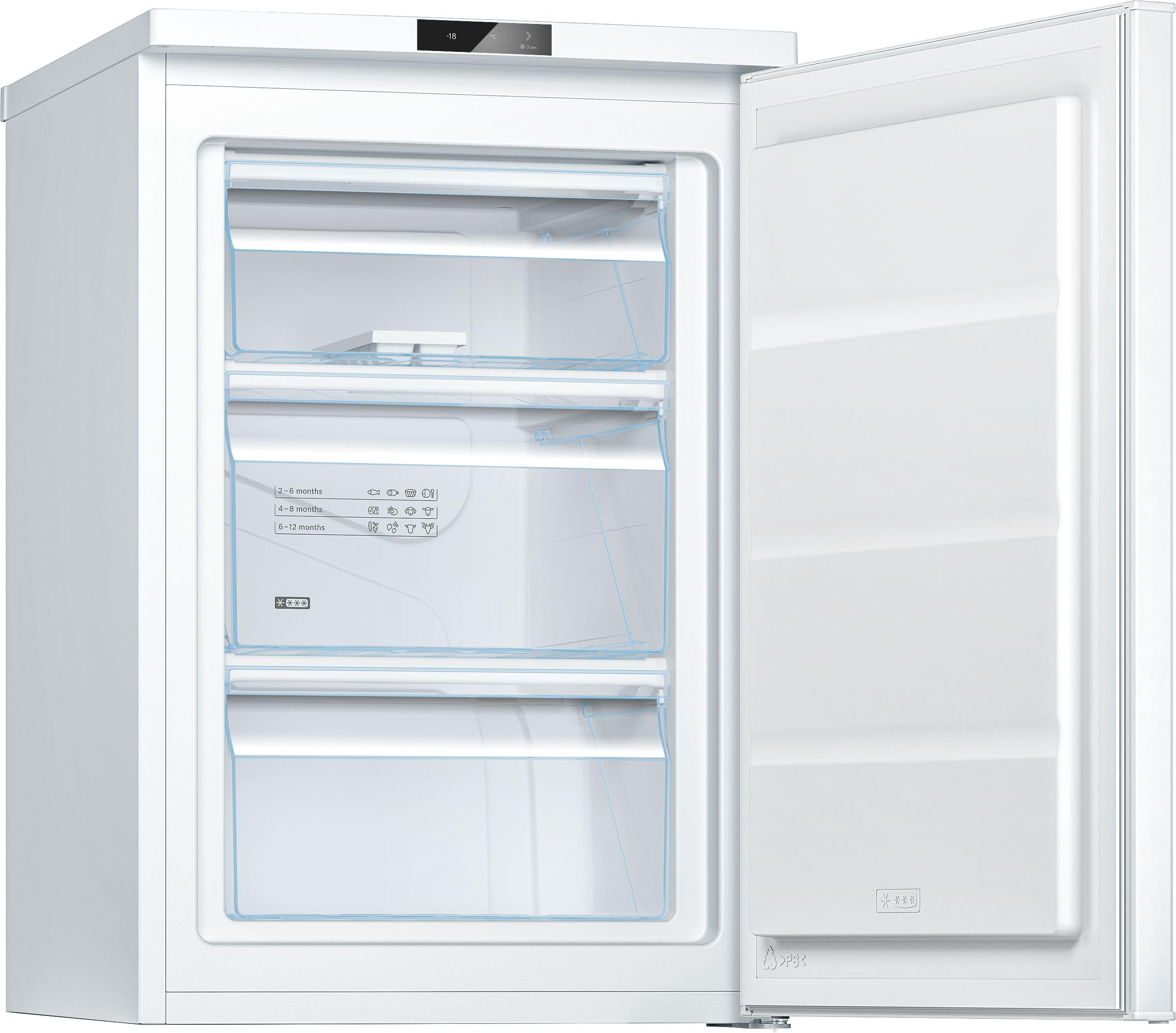 Bosch GTV15NWEB Serie 2 Mini-Gefrierschrank 85 x 56, 83 L, Super Gefrieren für schnelles Einfrieren von frischen Lebensmitteln, 39 dB leise trotz, Tür-Alarm und elektrische Temperatursteuerung, Weiß