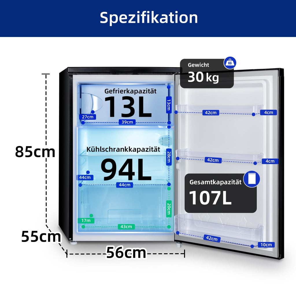 CHIQ kühlschrank mit gefrierfach 107 Liter, mit 13L Gefrierfach｜EEK C, 87 kWh/Jahr | 4-Sterne-Gefrieren, -24 °C bis -16 °C| geräuscharm, Schwarz, CTT107BC