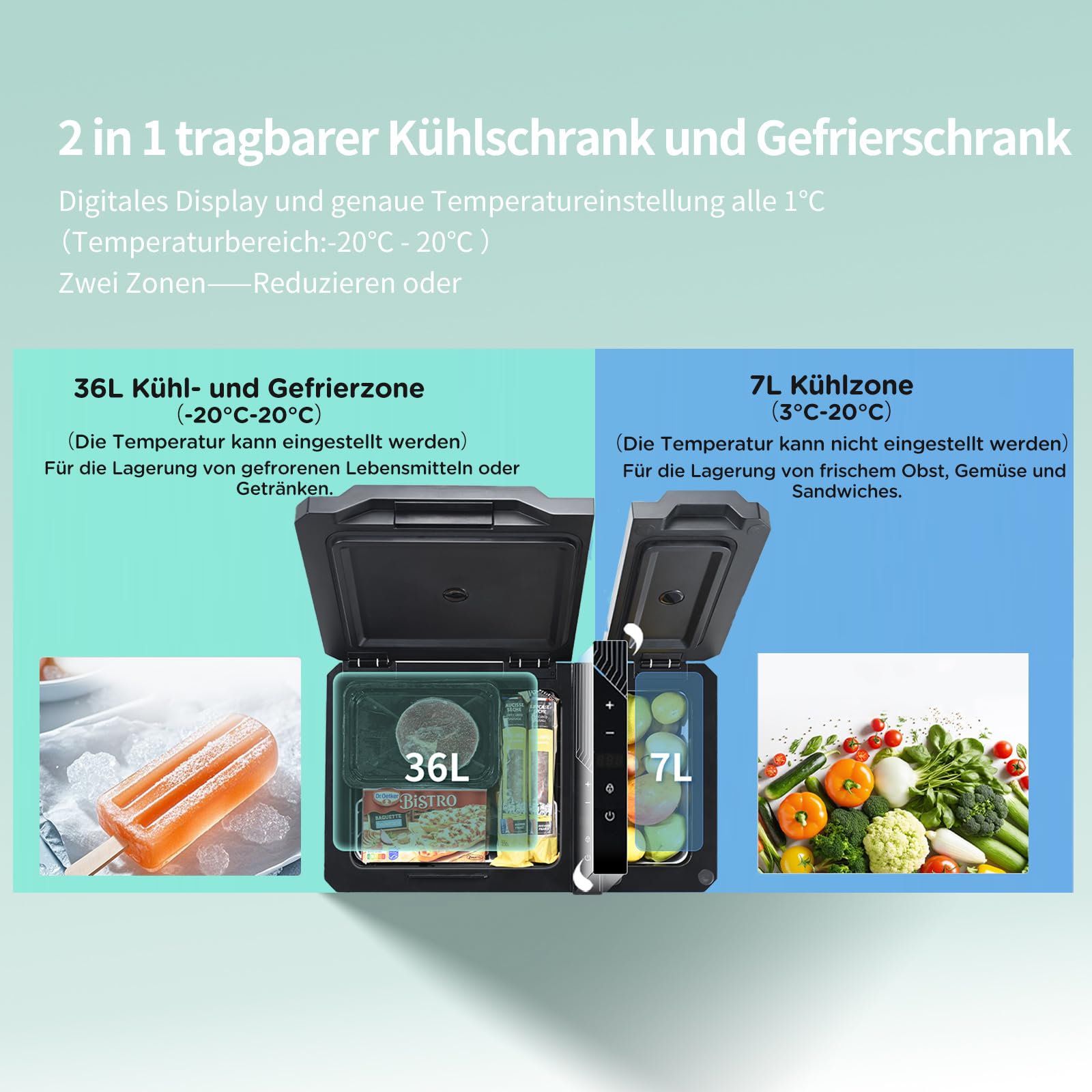 Comfee RCP43DS3(E) 43L Kompressor-Kühlbox Dual-Zonen, elektronische Steuerung, LED-Licht, ECO-Modus, geräuscharm, geeignet für Zuhause und Outdoor, 12/24V DC und 100-240V AC Stromversorgung