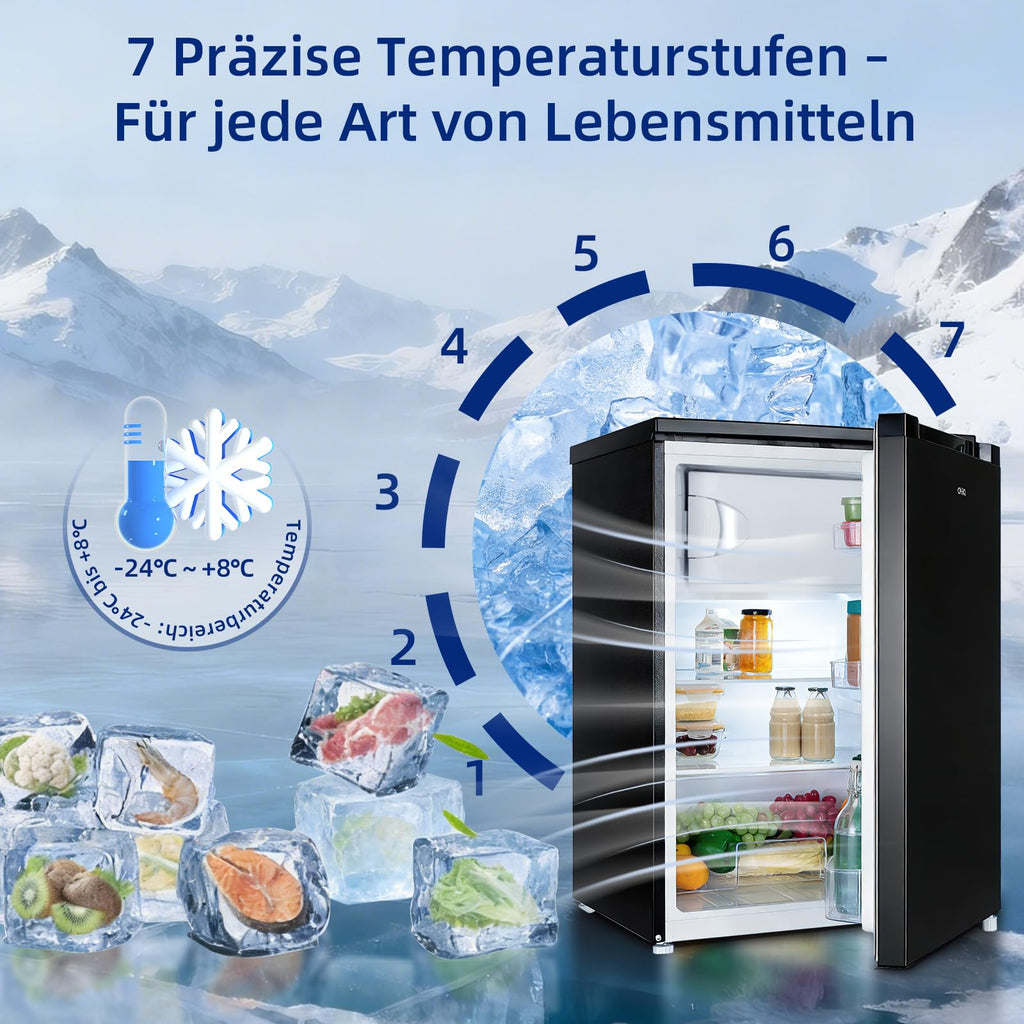 CHIQ kühlschrank mit gefrierfach 107 Liter, mit 13L Gefrierfach｜EEK C, 87 kWh/Jahr | 4-Sterne-Gefrieren, -24 °C bis -16 °C| geräuscharm, Schwarz, CTT107BC