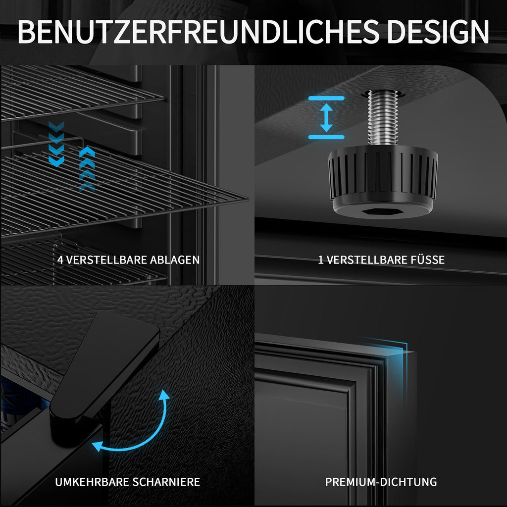 Airfish Getränkekühlschrank mit Glasfront 86L für 130 Dosen, Mini-Kühlschrank mit verstellbaren Regalen für Bier, Wein & Getränke, Ideal für Haushalt, Bar, Büro