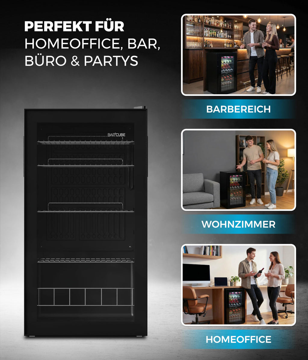 °CUBES BAR°CUBE 90L Getränkekühlschrank mit Glastür & LED – leiser Mini-Kühlschrank für Dosen & Flaschen – 90 L Getränkekühler mit 4 variablen Ablagen, energieeffizient & kompakt, Schwarz