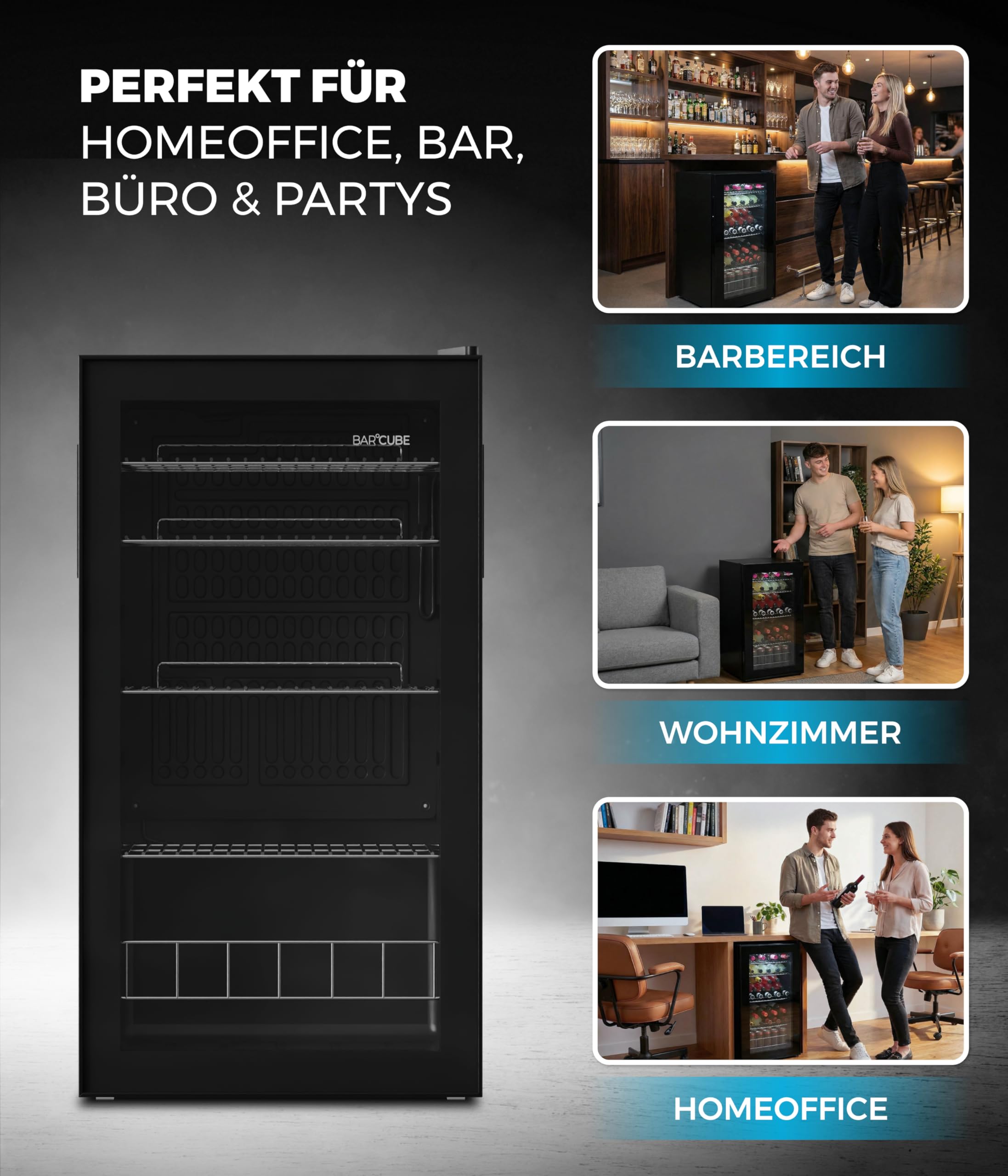 °CUBES BAR°CUBE 90L Getränkekühlschrank mit Glastür & LED – leiser Mini-Kühlschrank für Dosen & Flaschen – 90 L Getränkekühler mit 4 variablen Ablagen, energieeffizient & kompakt, Schwarz