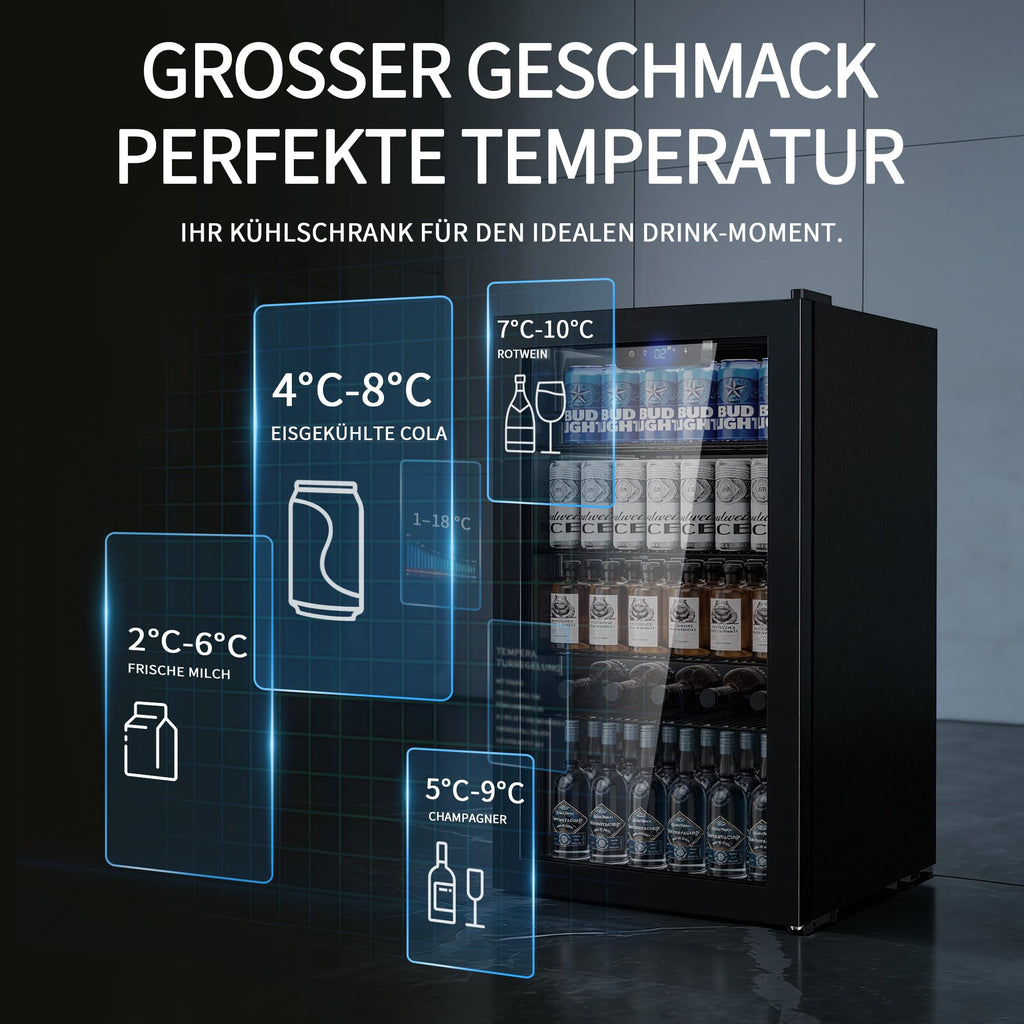 Airfish Getränkekühlschrank mit Glasfront 86L für 130 Dosen, Mini-Kühlschrank mit verstellbaren Regalen für Bier, Wein & Getränke, Ideal für Haushalt, Bar, Büro