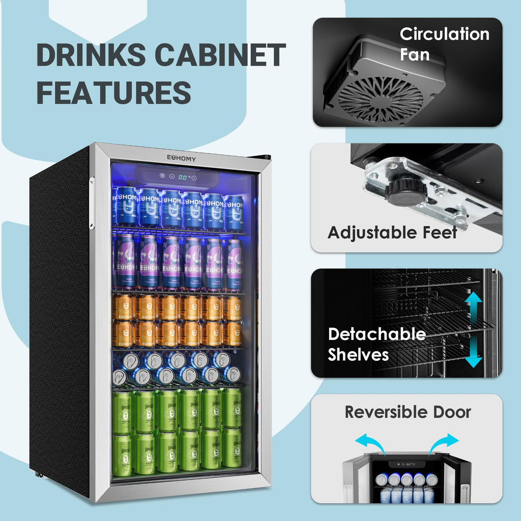 EUHOMY 90L Getränkekühlschrank, Minikühlschrank für 126 Dosen mit Glastür, kleiner Kühlschrank mit verstellbaren Regalen für Limonade, Bier oder Wein, perfekt für Zuhause/Bar/Büro, Silber, Edelstahl