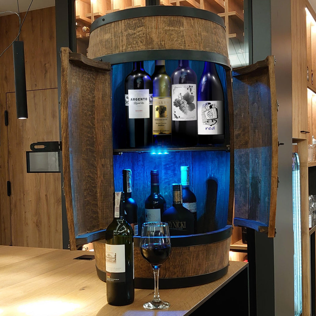 CREATIVE COOPER Weinregal Holz mit Tür mit LED RGB - Alkoholschrank Flaschenregal Holz - Holzfass - Fassmöbel - Weinständer - Weinfass - Weinbar - Fass bar mit Tür - minibar 80 cm High (wenge)