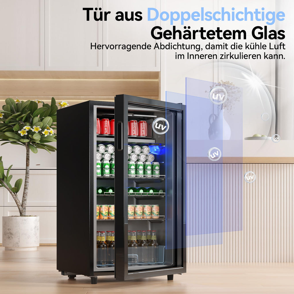 TRIUMPHKEY 93L Getränkekühlschrank,Mini-Kühlschrank für 140 Dosen, mit Glastür kleiner Kühlschrank,LED | 3 Verstellbare Ablageböden für Soda/Bier/Wein | Perfekt für Homebar, Partys, Gastronomie