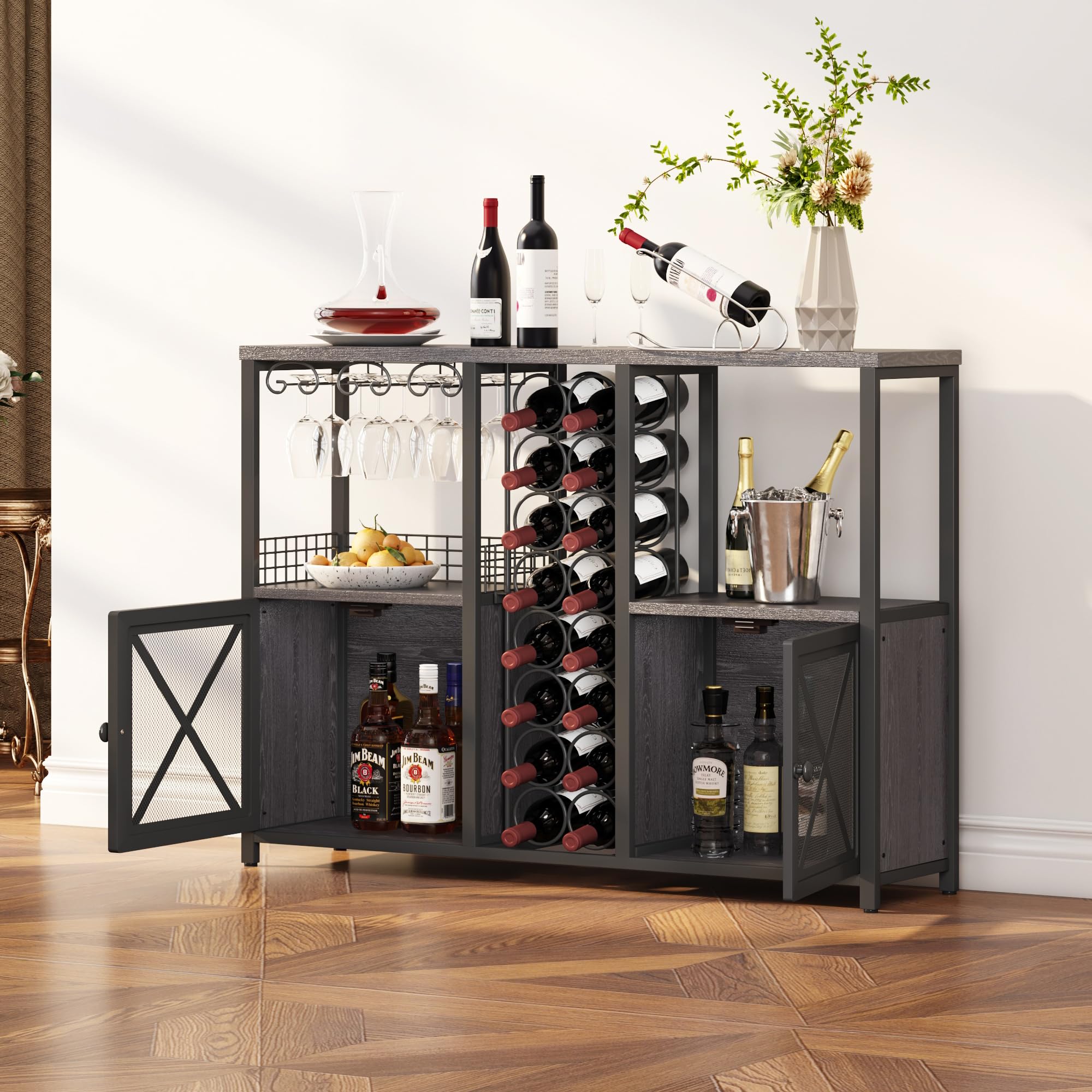 Homeiju Mini-Bars für Zuhause, Kaffee-Barschrank, moderner Likörschrank für Likör und Gläser, Bauernhaus-Buffet-Weinbarschrank mit Stauraum, Sideboard für Zuhause, Küche, Esszimmer (Dunkelgrau)