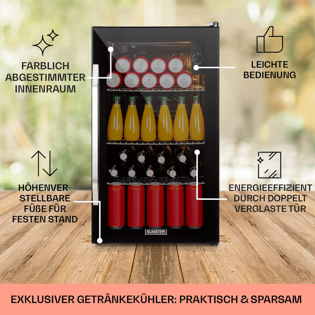 Klarstein Getränkekühlschrank, Kühlschrank Klein mit 3 Ablagen, Minikühlschrank Lautlos für Büro Camping Outdoor, mit Glastür, Mini Fridge 3-10°C, Bierkühlschrank 80 Liter, Schwarz