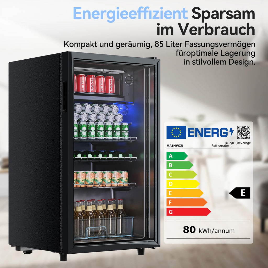 TRIUMPHKEY 93L Getränkekühlschrank,Mini-Kühlschrank für 140 Dosen, mit Glastür kleiner Kühlschrank,LED | 3 Verstellbare Ablageböden für Soda/Bier/Wein | Perfekt für Homebar, Partys, Gastronomie