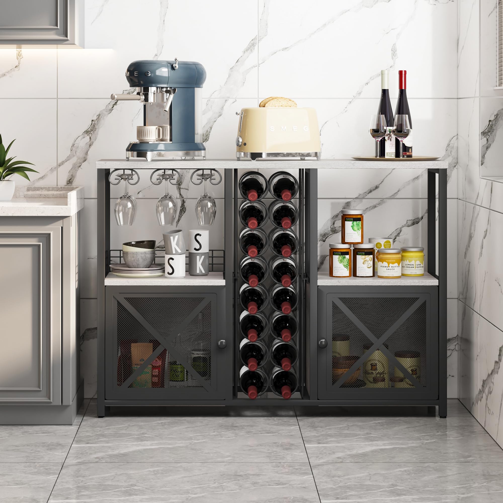 Homeiju Mini-Bars für Zuhause, Kaffee-Barschrank, moderner Likörschrank für Likör und Gläser, Bauernhaus-Buffet-Weinbarschrank mit Stauraum, Sideboard für Zuhause, Küche, Esszimmer (Hellgrau)