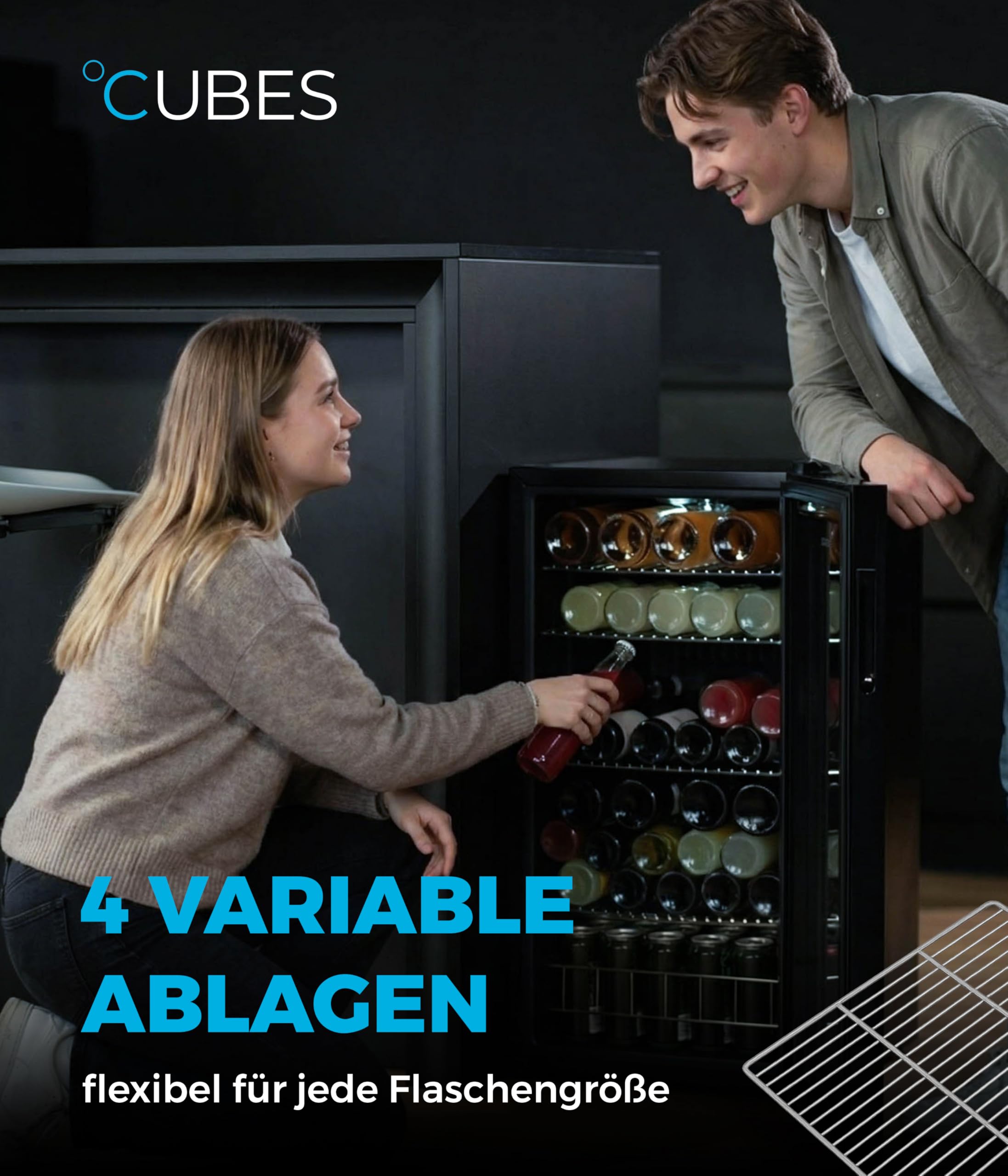 °CUBES BAR°CUBE 90L Getränkekühlschrank mit Glastür & LED – leiser Mini-Kühlschrank für Dosen & Flaschen – 90 L Getränkekühler mit 4 variablen Ablagen, energieeffizient & kompakt, Schwarz