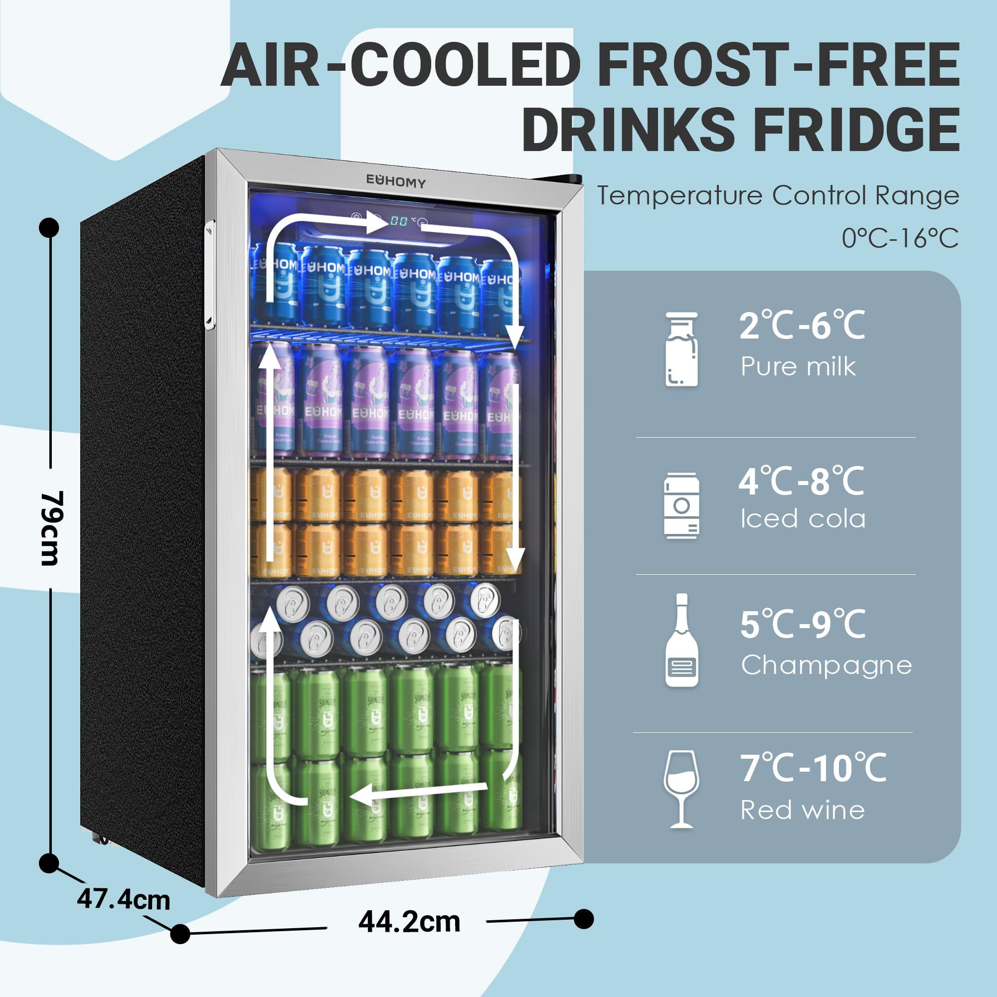 EUHOMY 90L Getränkekühlschrank, Minikühlschrank für 126 Dosen mit Glastür, kleiner Kühlschrank mit verstellbaren Regalen für Limonade, Bier oder Wein, perfekt für Zuhause/Bar/Büro, Silber, Edelstahl