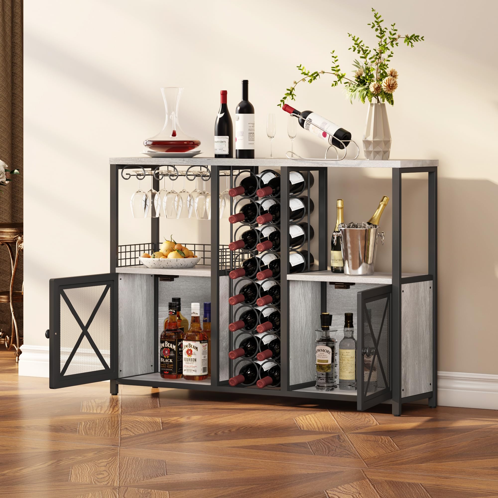 Homeiju Mini-Bars für Zuhause, Kaffee-Barschrank, moderner Likörschrank für Likör und Gläser, Bauernhaus-Buffet-Weinbarschrank mit Stauraum, Sideboard für Zuhause, Küche, Esszimmer (Hellgrau)