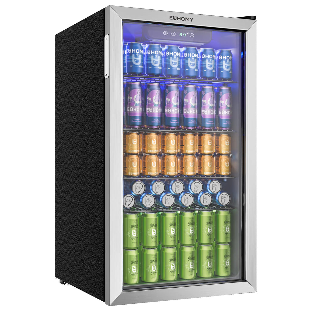 EUHOMY 90L Getränkekühlschrank, Minikühlschrank für 126 Dosen mit Glastür, kleiner Kühlschrank mit verstellbaren Regalen für Limonade, Bier oder Wein, perfekt für Zuhause/Bar/Büro, Silber, Edelstahl