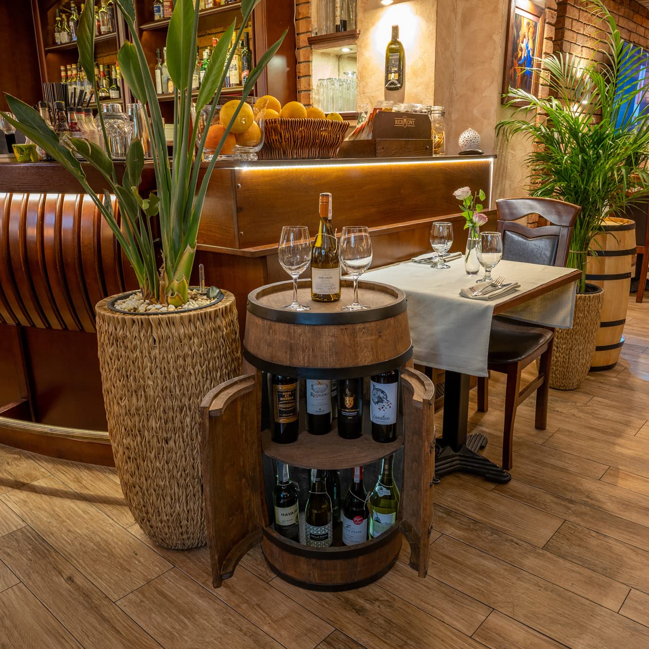 CREATIVE COOPER Weinfass Stehtisch mit Tür - Alkoholschrank Flaschenregal Holz Regale - Holzfass - Fassmöbel - Wine Rack - Wineregal - Weinbar - Fass bar mit Tür - Fassbar minibar 80Cm High (Wenge)
