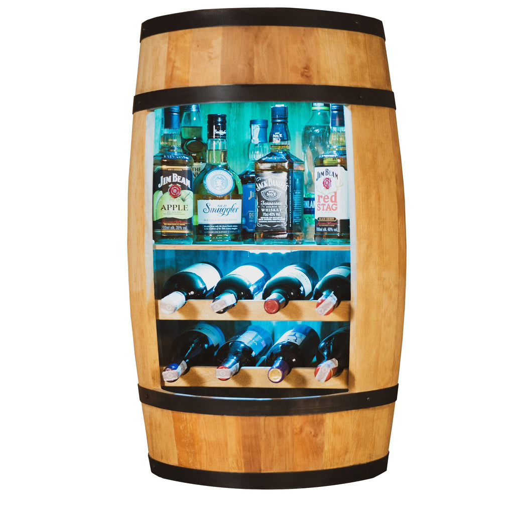 CREATIVE COOPER Weinregal - Weinschrank Mini Bar - Alkohol Schrank mit LED - Weinfass - Fass bar - Weinbar - Fassbar - Barschrank - 80cm hoch - Retro deko Bar Regal - Hausbar Theke - Fassmöbel Eiche