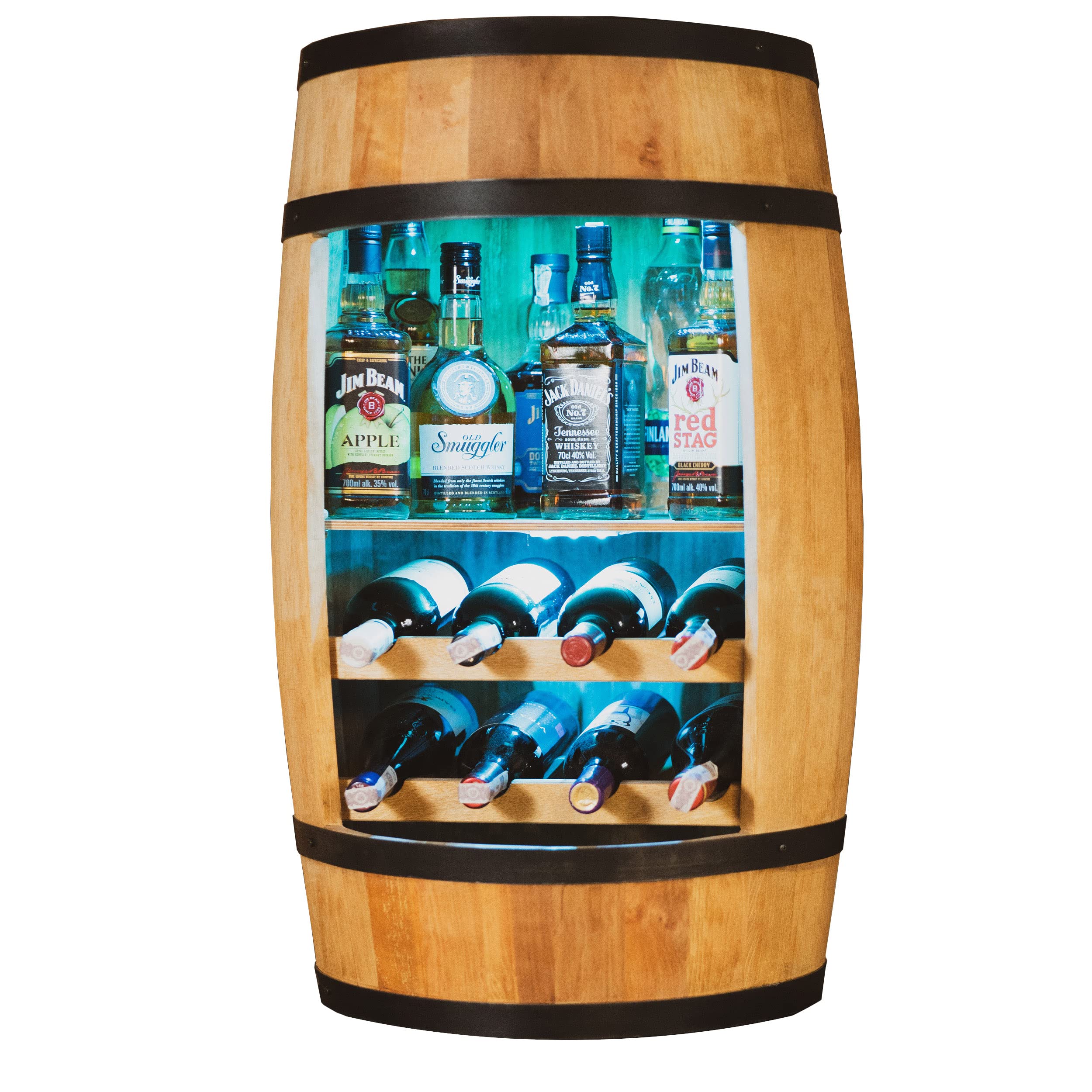 CREATIVE COOPER Weinregal - Weinschrank Mini Bar - Alkohol Schrank mit LED - Weinfass - Fass bar - Weinbar - Fassbar - Barschrank - 80cm hoch - Retro deko Bar Regal - Hausbar Theke - Fassmöbel Eiche