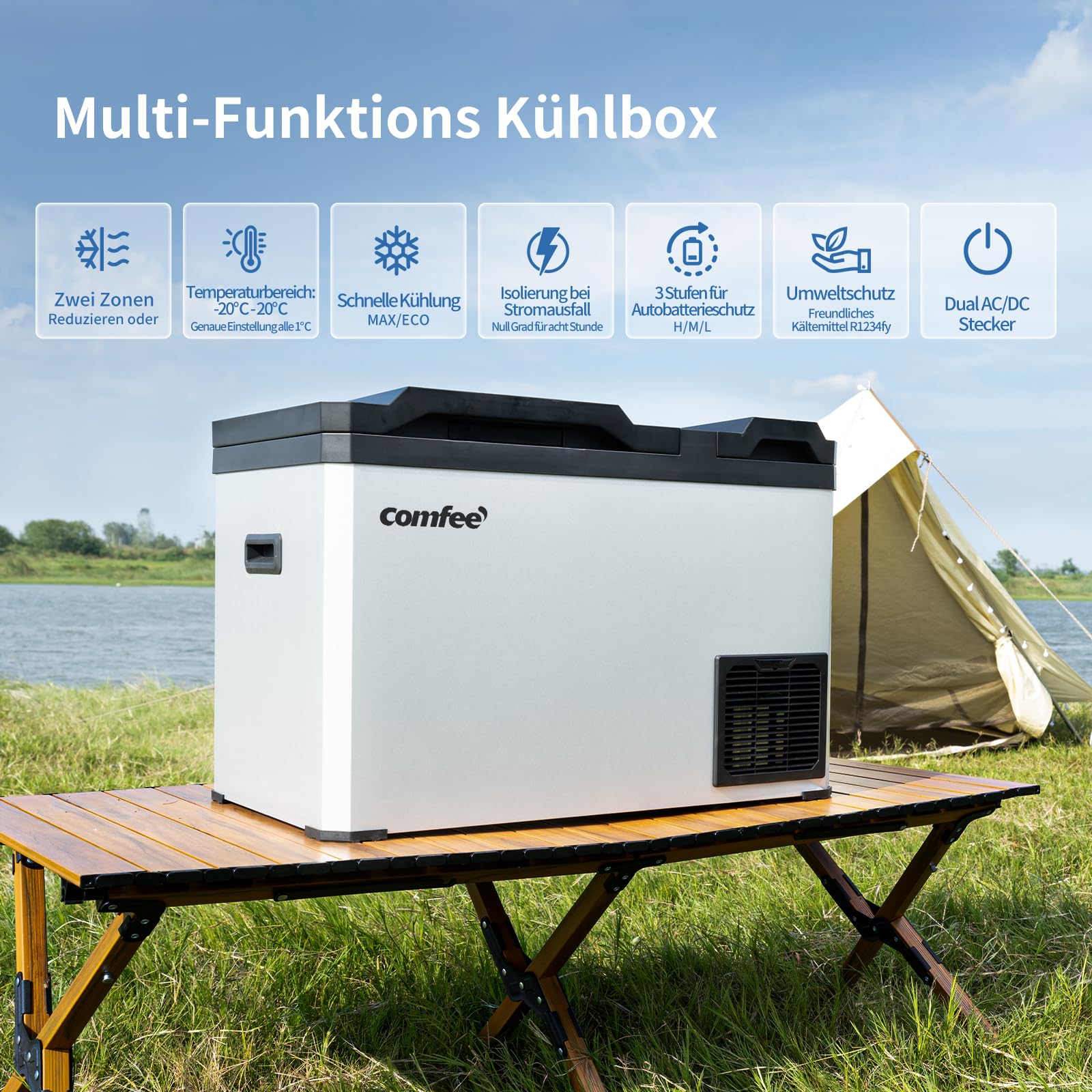 Comfee RCP43DS3(E) 43L Kompressor-Kühlbox Dual-Zonen, elektronische Steuerung, LED-Licht, ECO-Modus, geräuscharm, geeignet für Zuhause und Outdoor, 12/24V DC und 100-240V AC Stromversorgung