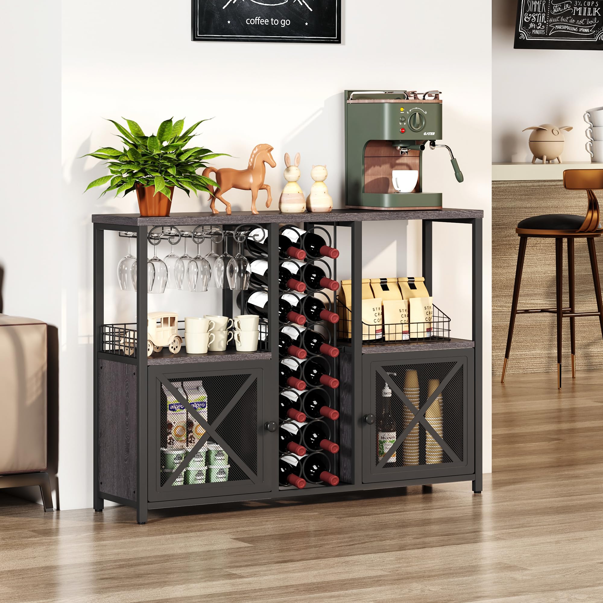 Homeiju Mini-Bars für Zuhause, Kaffee-Barschrank, moderner Likörschrank für Likör und Gläser, Bauernhaus-Buffet-Weinbarschrank mit Stauraum, Sideboard für Zuhause, Küche, Esszimmer (Dunkelgrau)