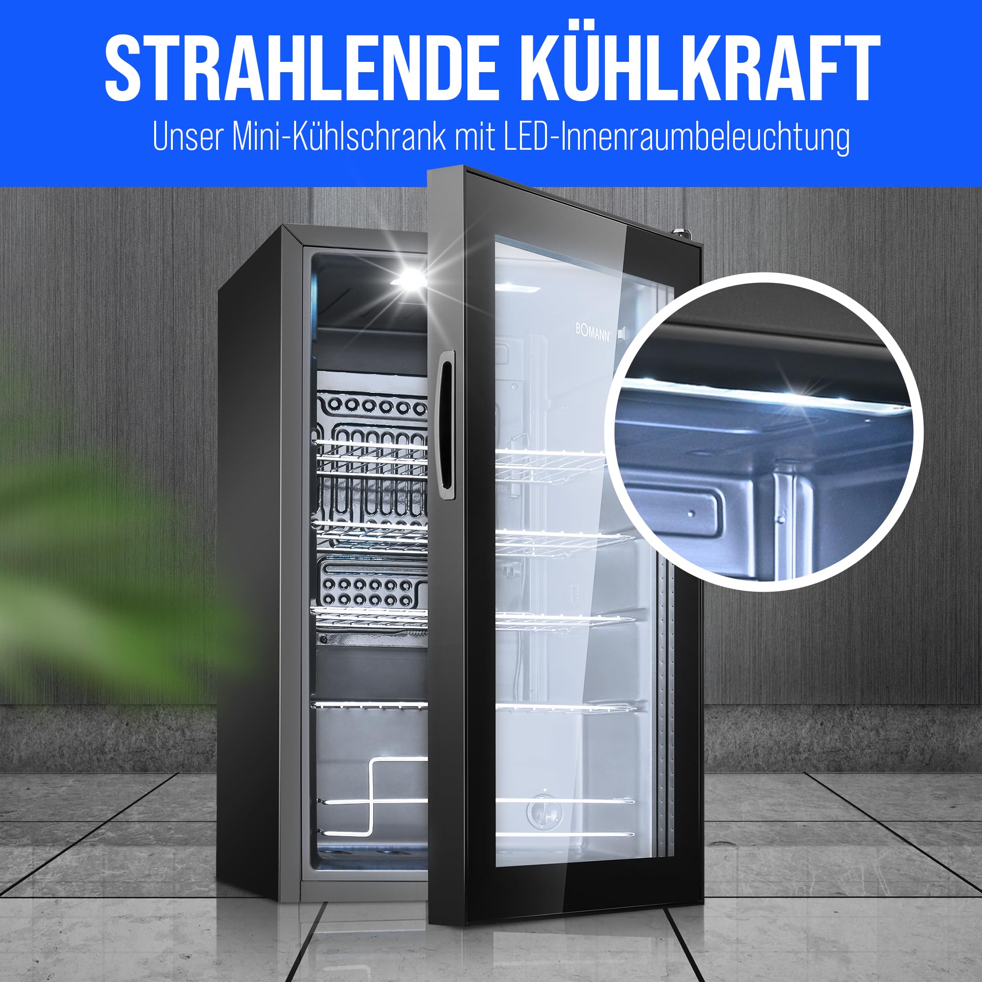 Bomann® Getränkekühlschrank | 63 Liter | stufenlos regelbar +3–10°C | Flaschenkühlschrank mit Glastür, 4 Ablagen & LED-Beleuchtung | leise, energieeffizient & kompakt | für Flaschen & Dosen | KSG 7287