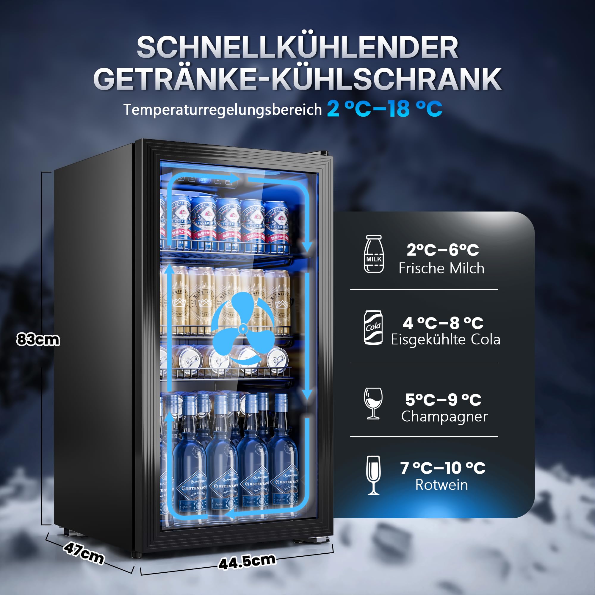 TRIUMPHKEY 90L Mini-Kühlschrank mit Glasfront (Glastür), Kompakter Getränkekühlschrank für bis zu 128 Dosen, mit verstellbaren Regalen für Bier, Wein, Soda, Ideal für Haushalt, Bar, Büro, Wohnung